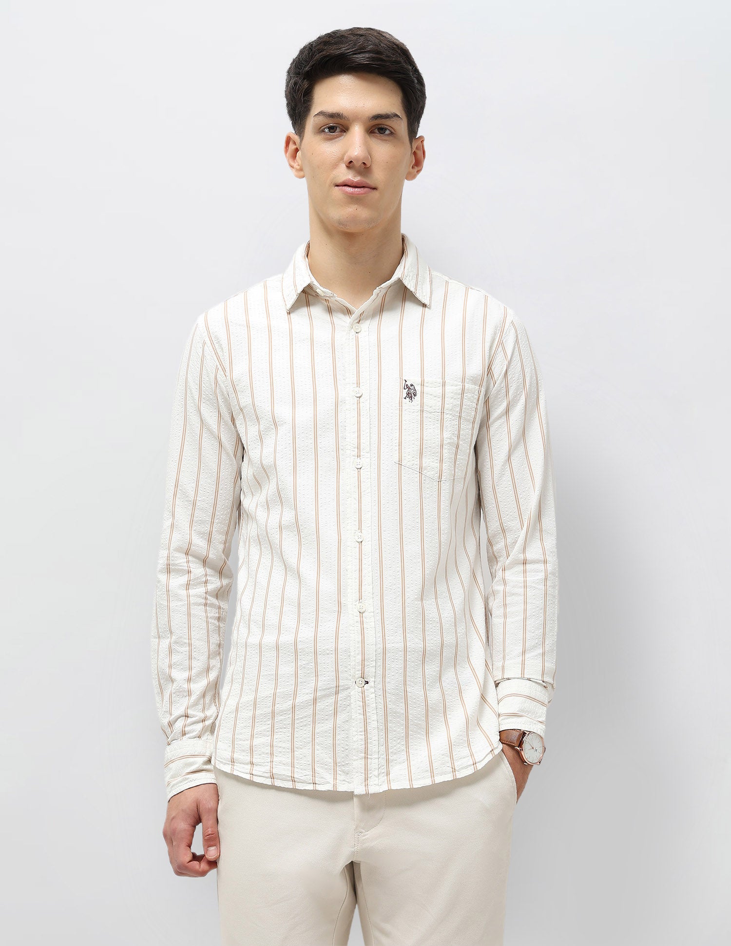 Vertical Striped Seersucker Shirt Off-White - U.S. Polo Assn. India | Large