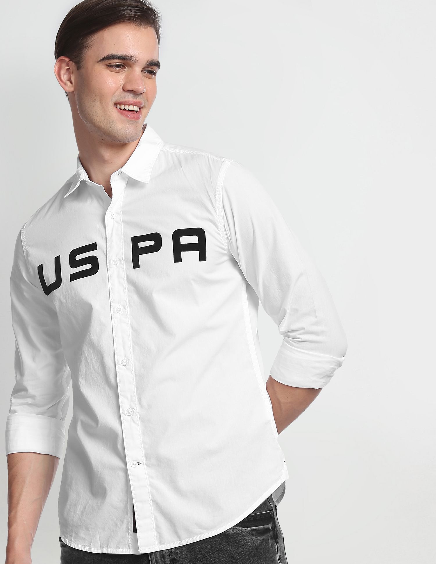 Spread Collar Cotton Casual Shirt White - U.S. Polo Assn. India | Large