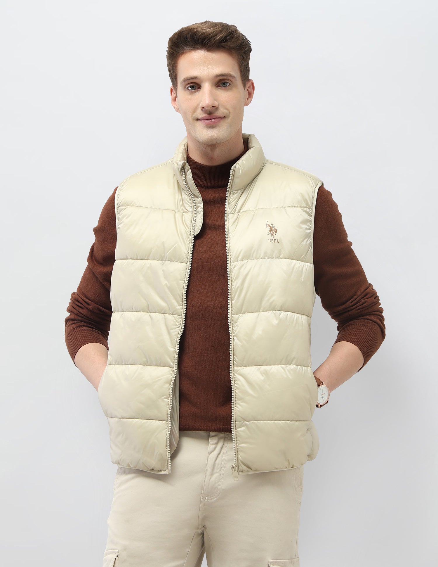Solid Regular Fit Puffer Sleeveless Jacket Ecru - U.S. Polo Assn. India | Large