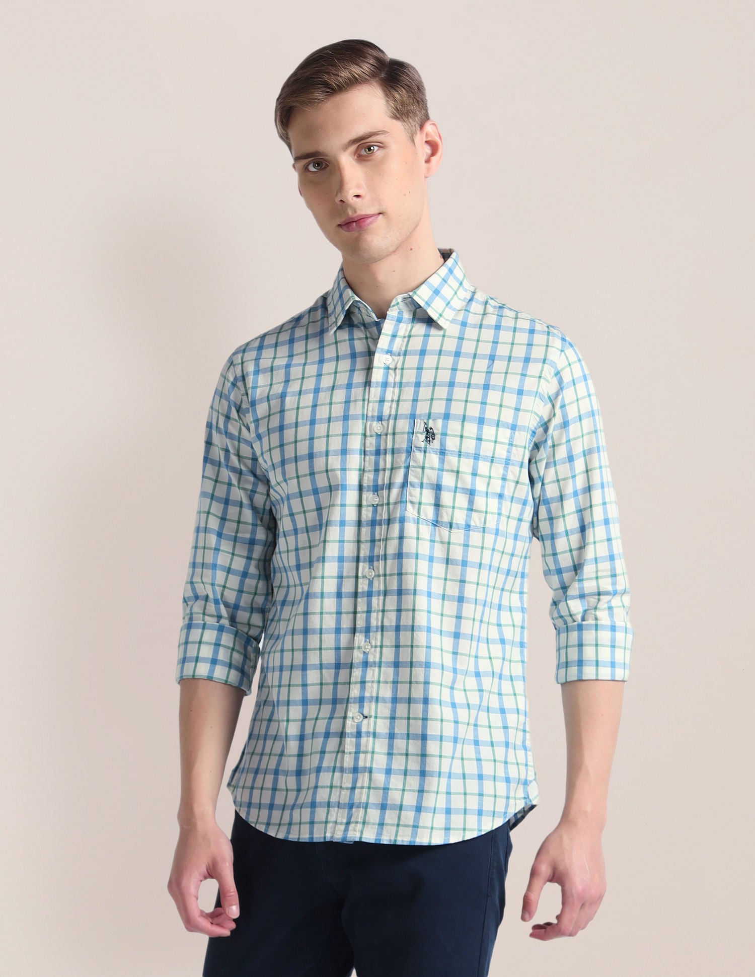 Tartan Check Tailored Fit Shirt White and Green - U.S. Polo Assn. India | Large