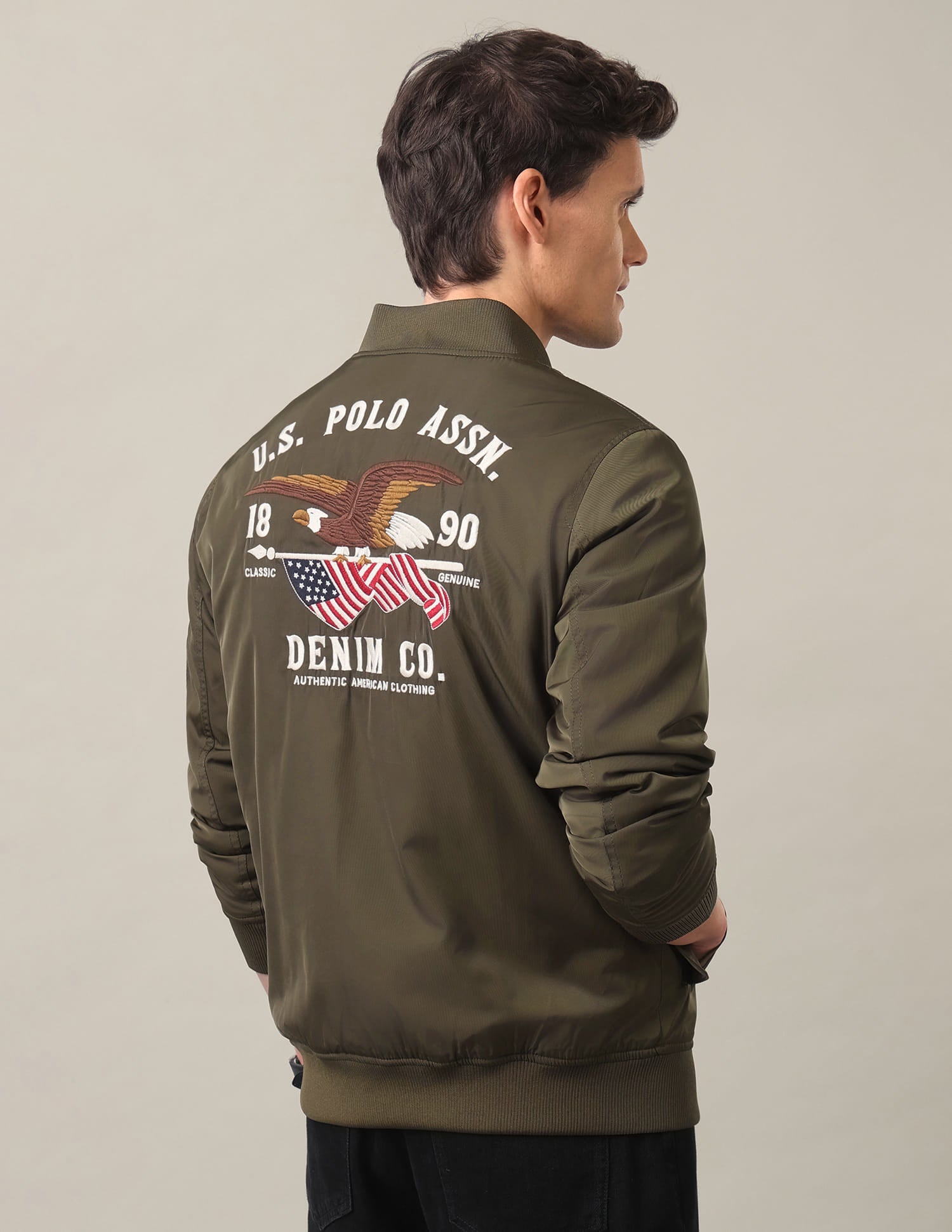 Stand Collar Brand Embroidered Polyester Bomber Jacket