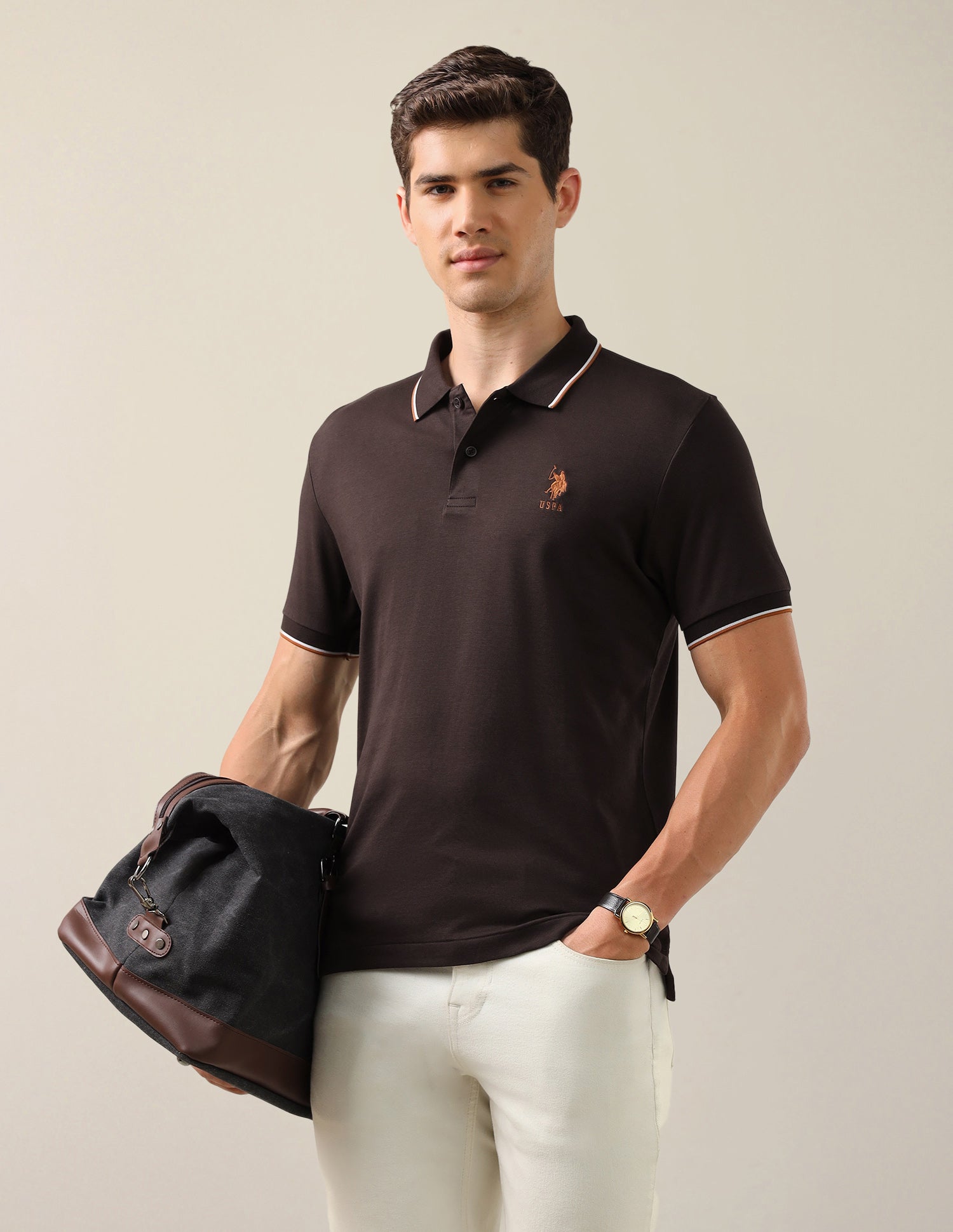 Solid Slim Fit Polo Shirt Dark Brown - U.S. Polo Assn. India | Large