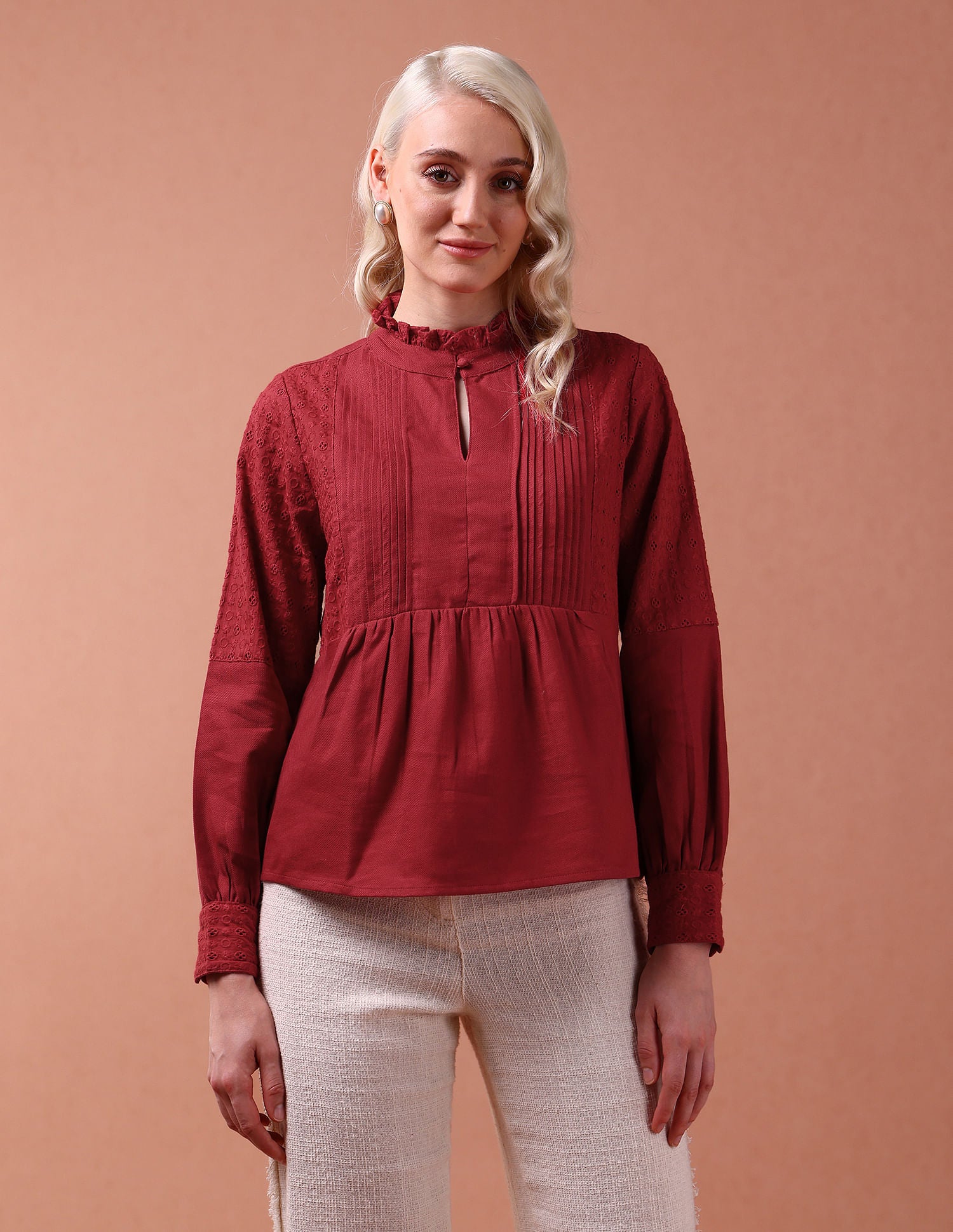 Front Pleat Ruffle Neck Top