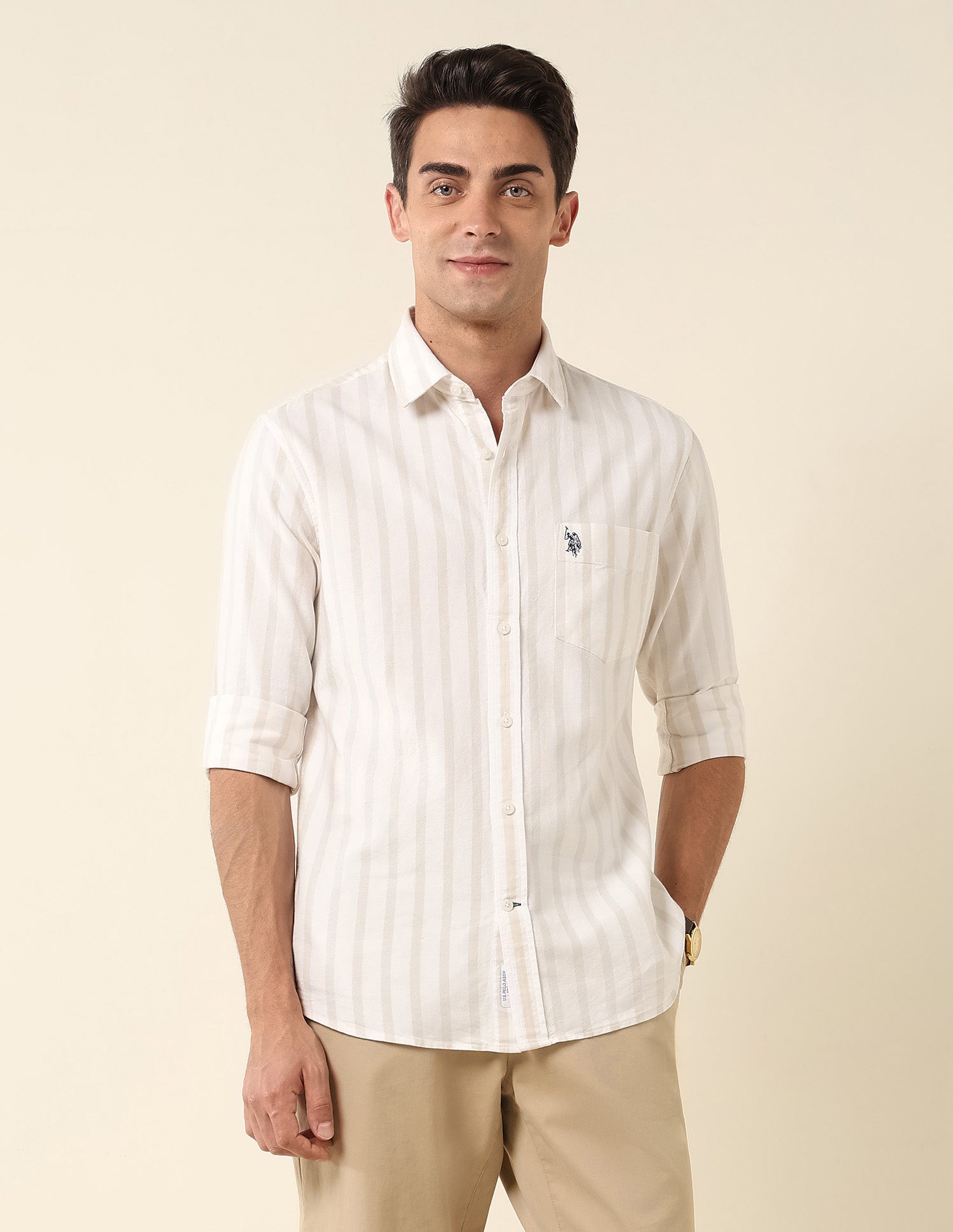 Poplin Vertical Striped Shirt Beige - U.S. Polo Assn. India | Large