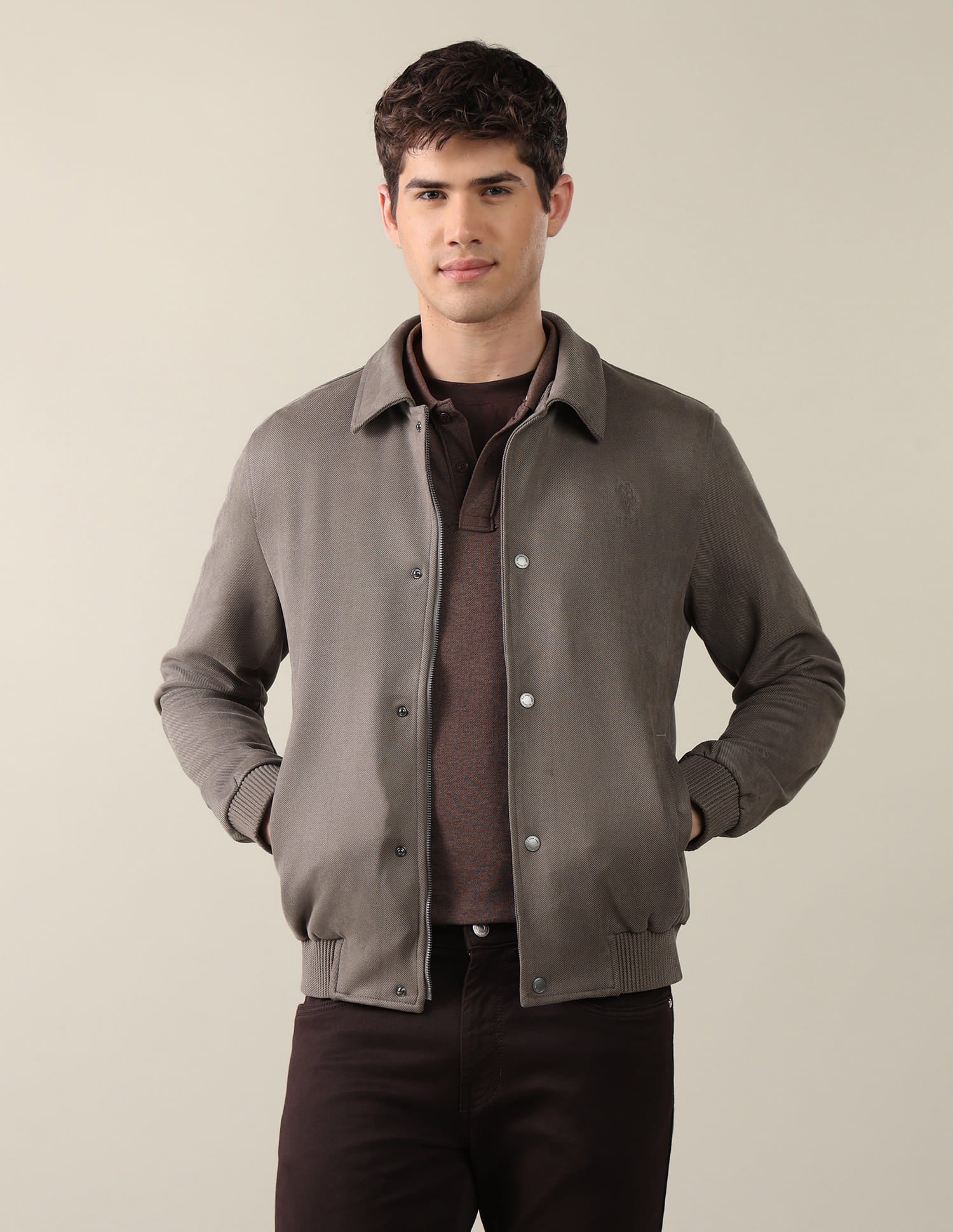Solid Regular Fit Bomber Jacket Brown - U.S. Polo Assn. India | Large