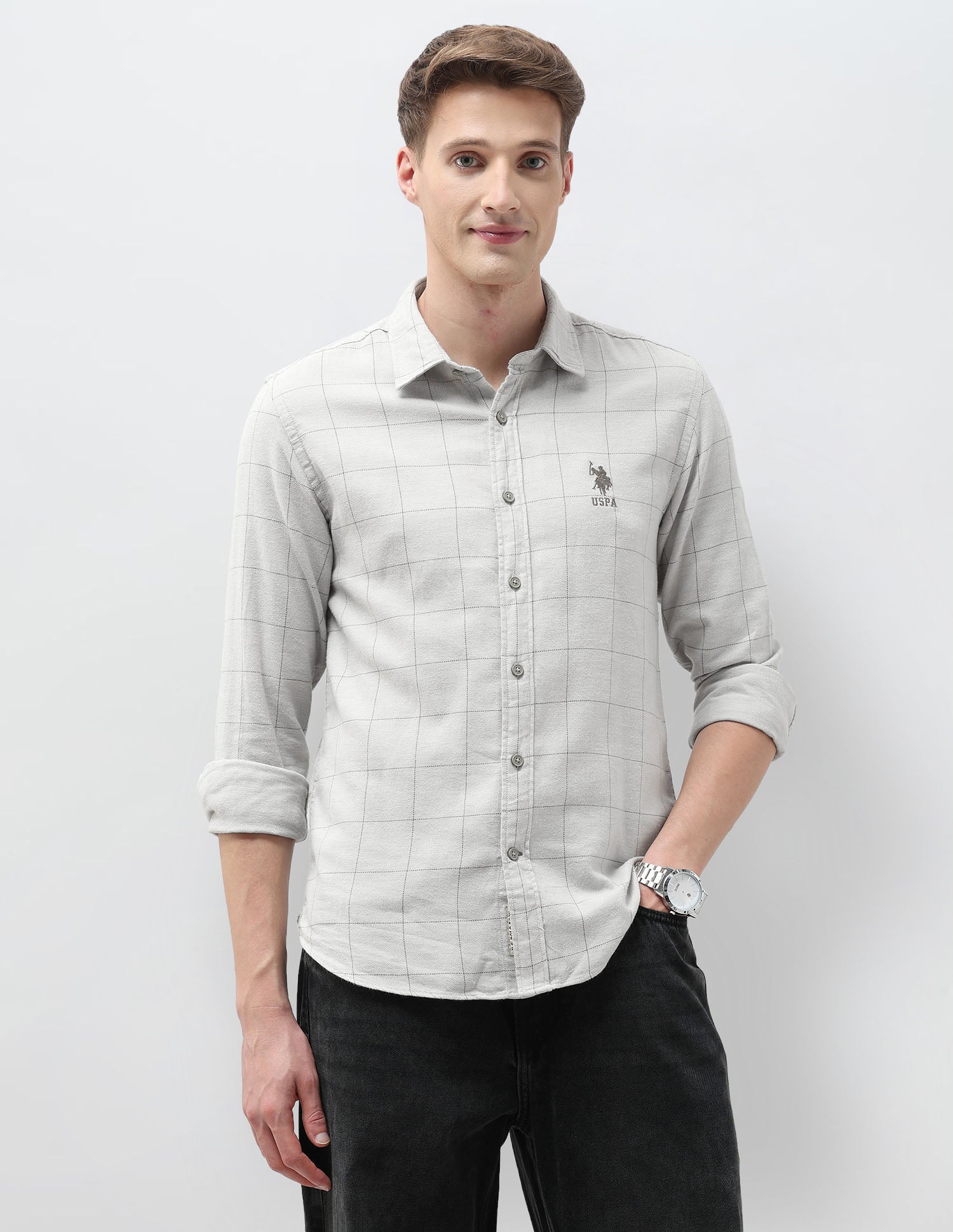 Windowpane Checked Twill Shirt