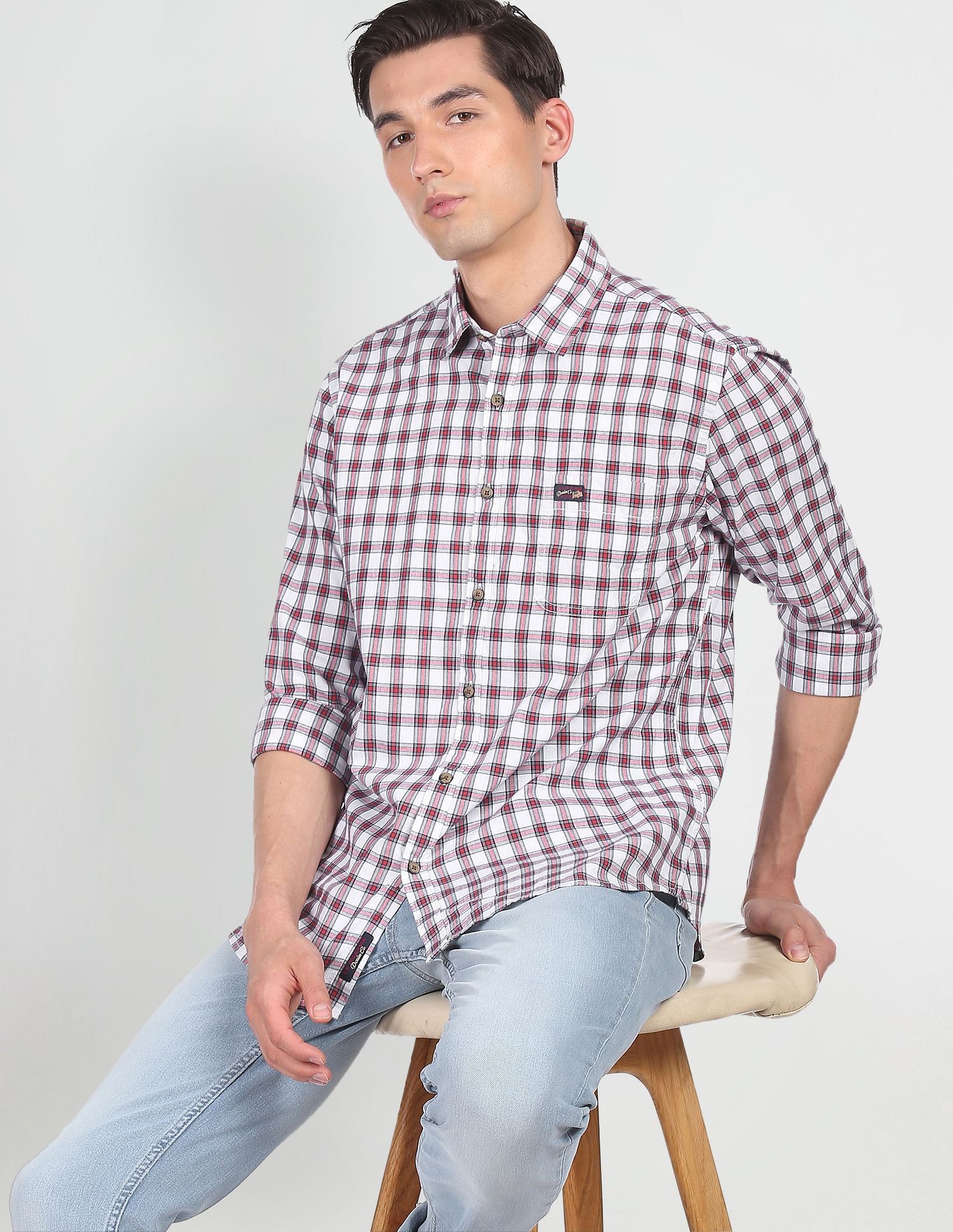 Spread Collar Check Casual Shirt Red and White - U.S. POLO ASSN. | Large