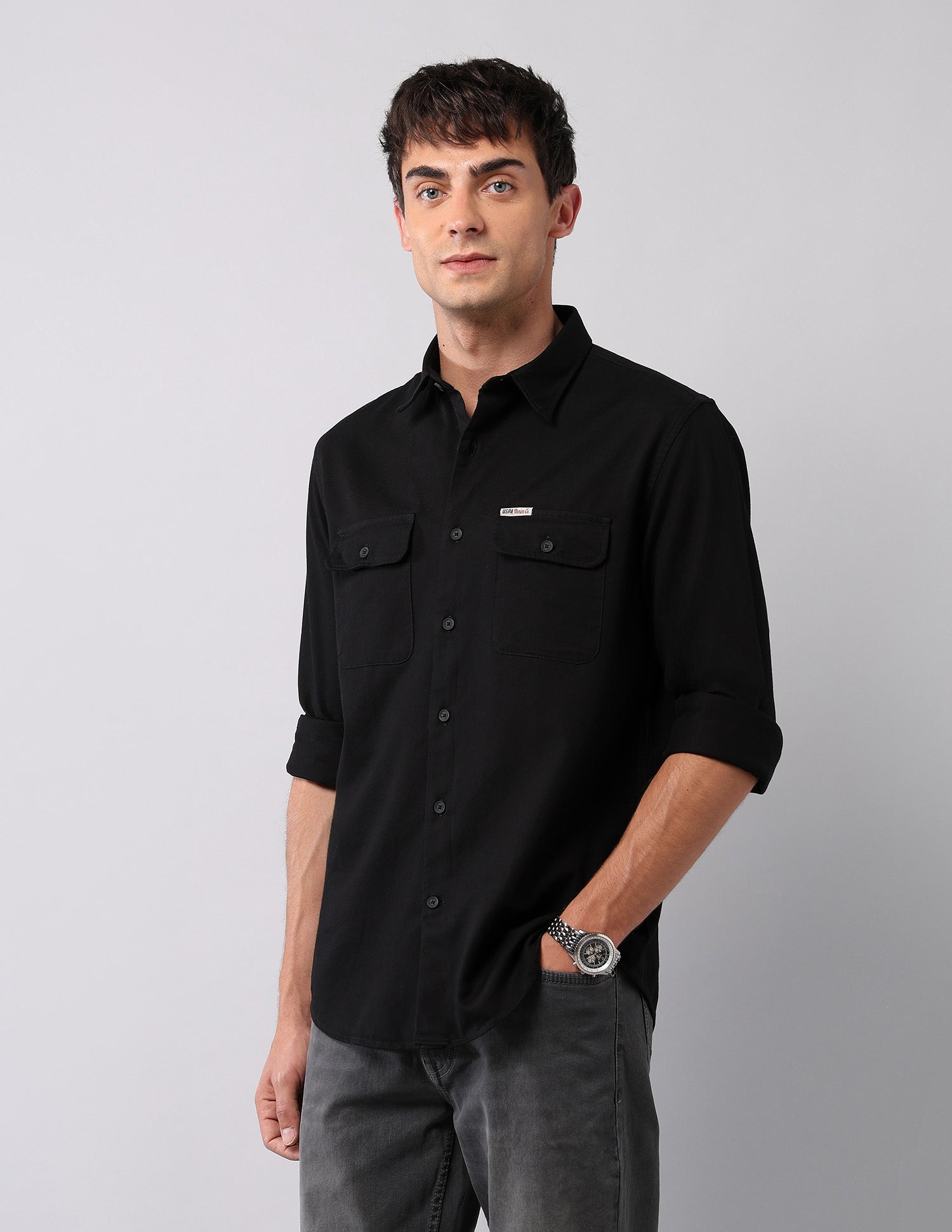 Textured Pure Cotton Shirt Black - U.S. Polo Assn. India | Large