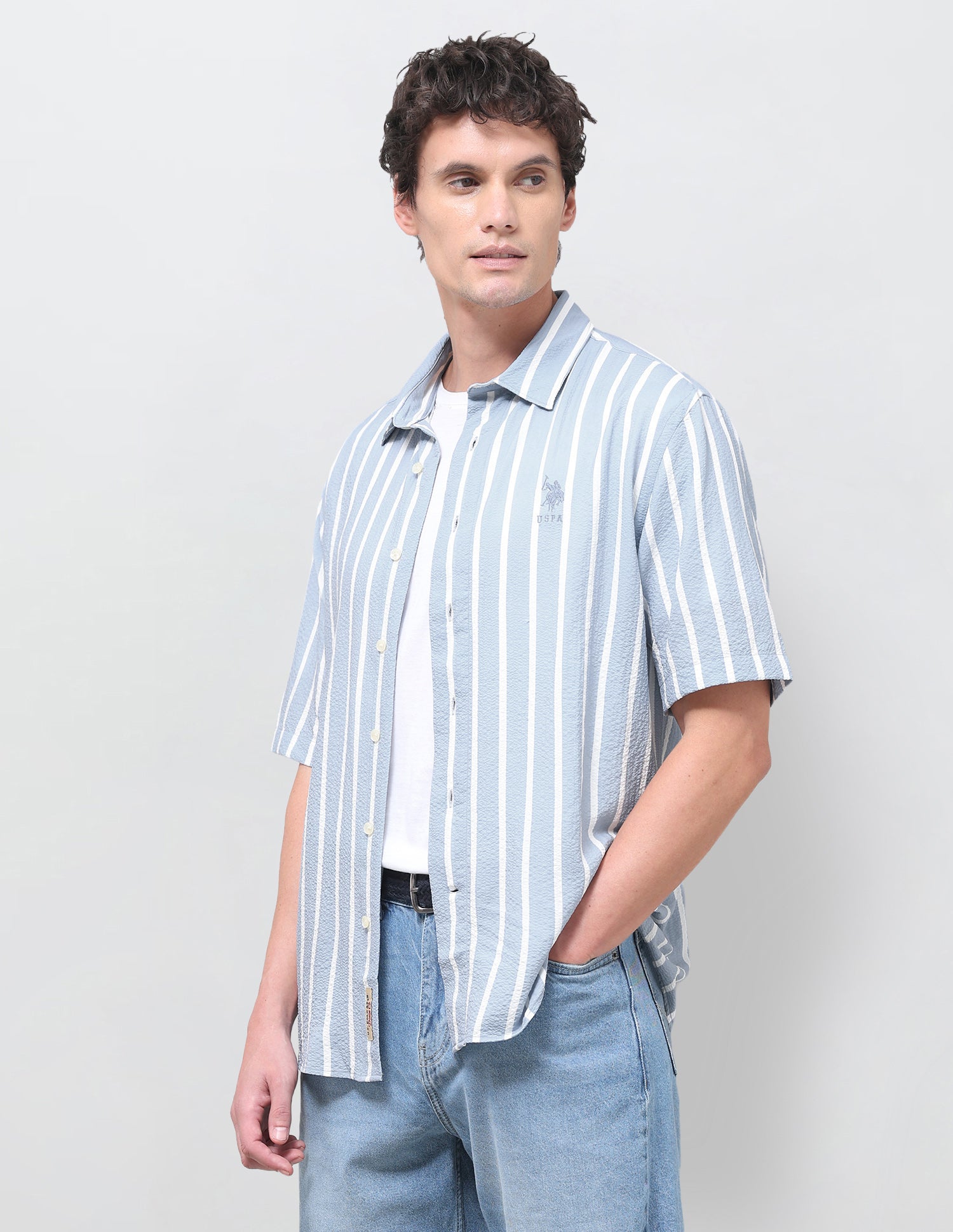 Vertical Striped Seersucker Shirt Light Blue - U.S. Polo Assn. India | Large