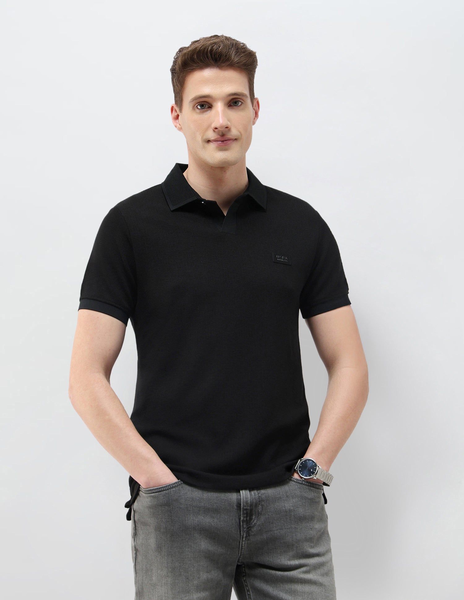 Textured Black & Gold Slim Fit Polo Shirt Black - U.S. Polo Assn. India | Large