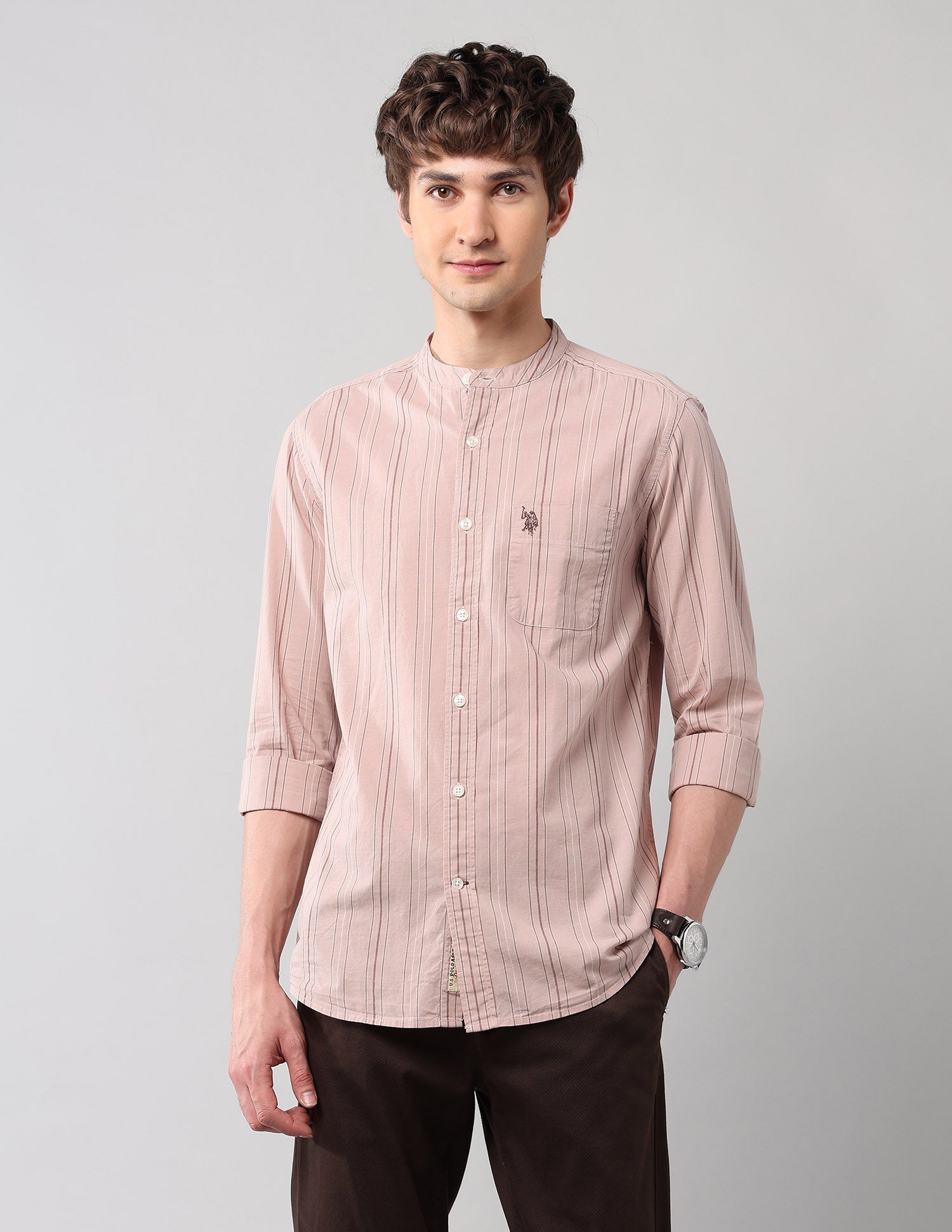 Pure Cotton Regular Fit Mandarin Shirt Peach - U.S. Polo Assn. India | Large