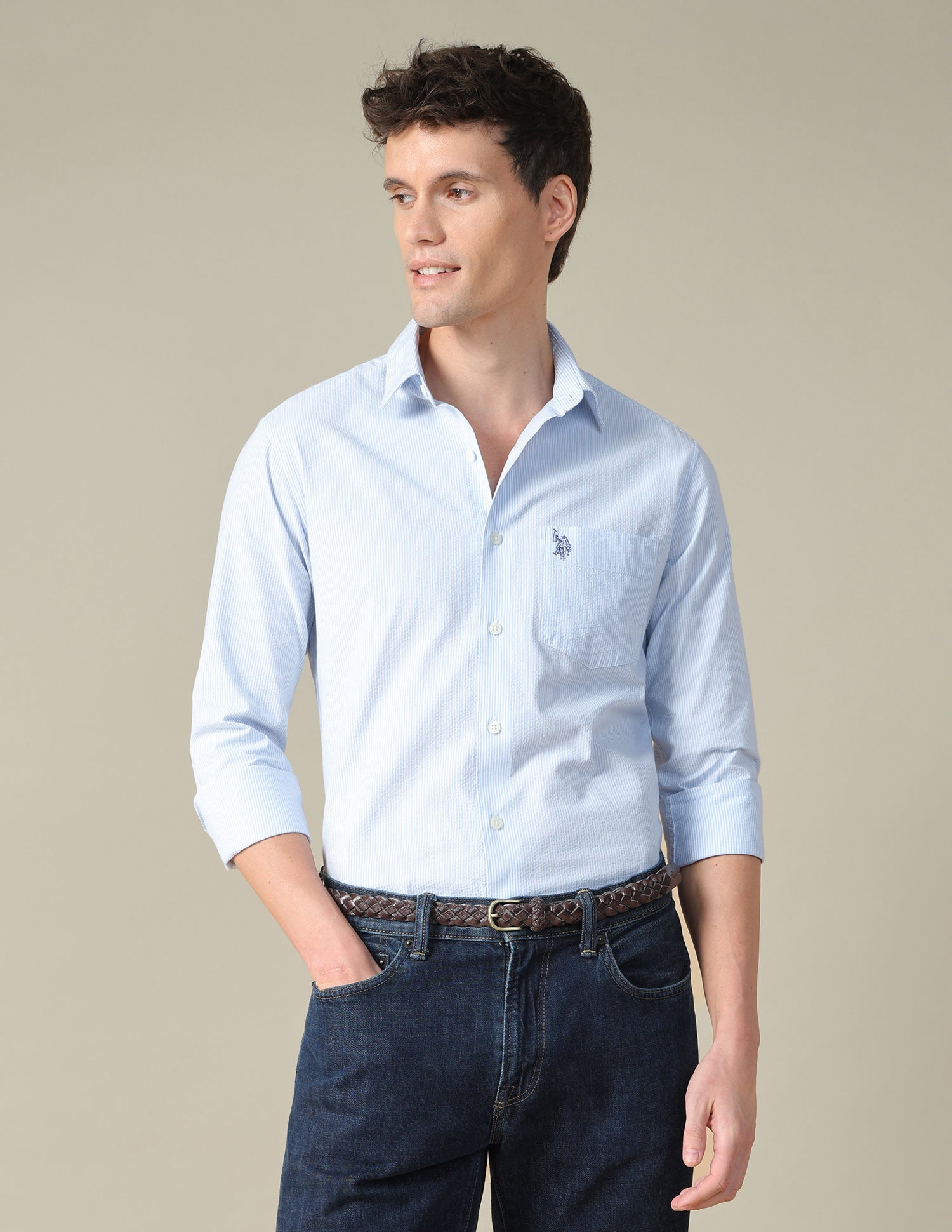 Vertical Striped Seersucker Shirt Light Blue - U.S. Polo Assn. India | Large