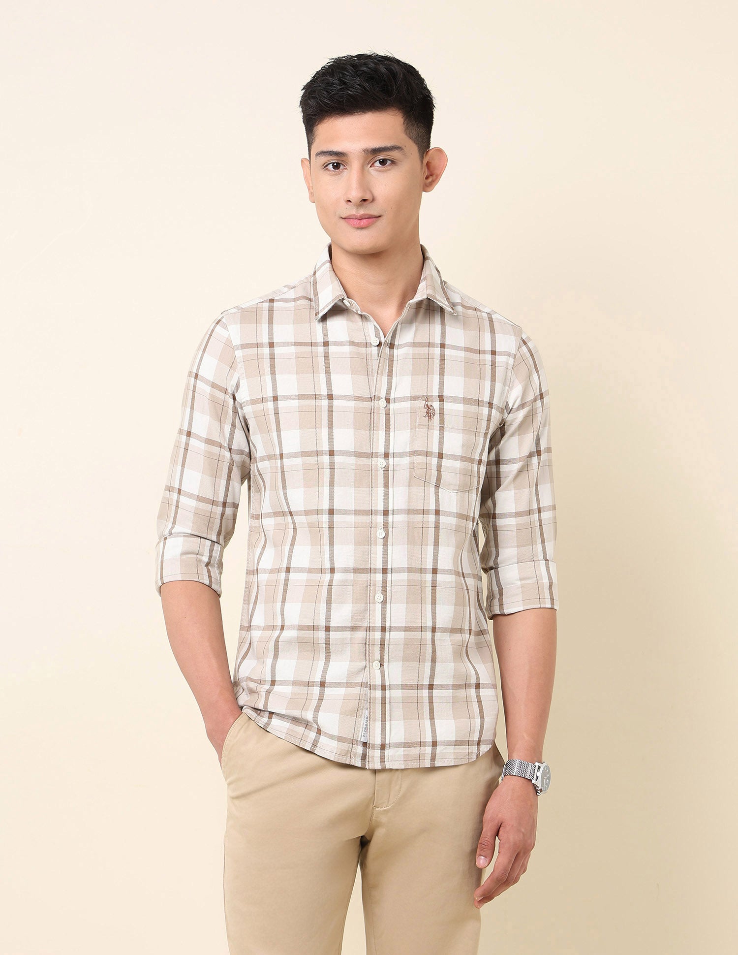 Tailored Fit Pure Cotton Shirt Beige - U.S. Polo Assn. India | Large