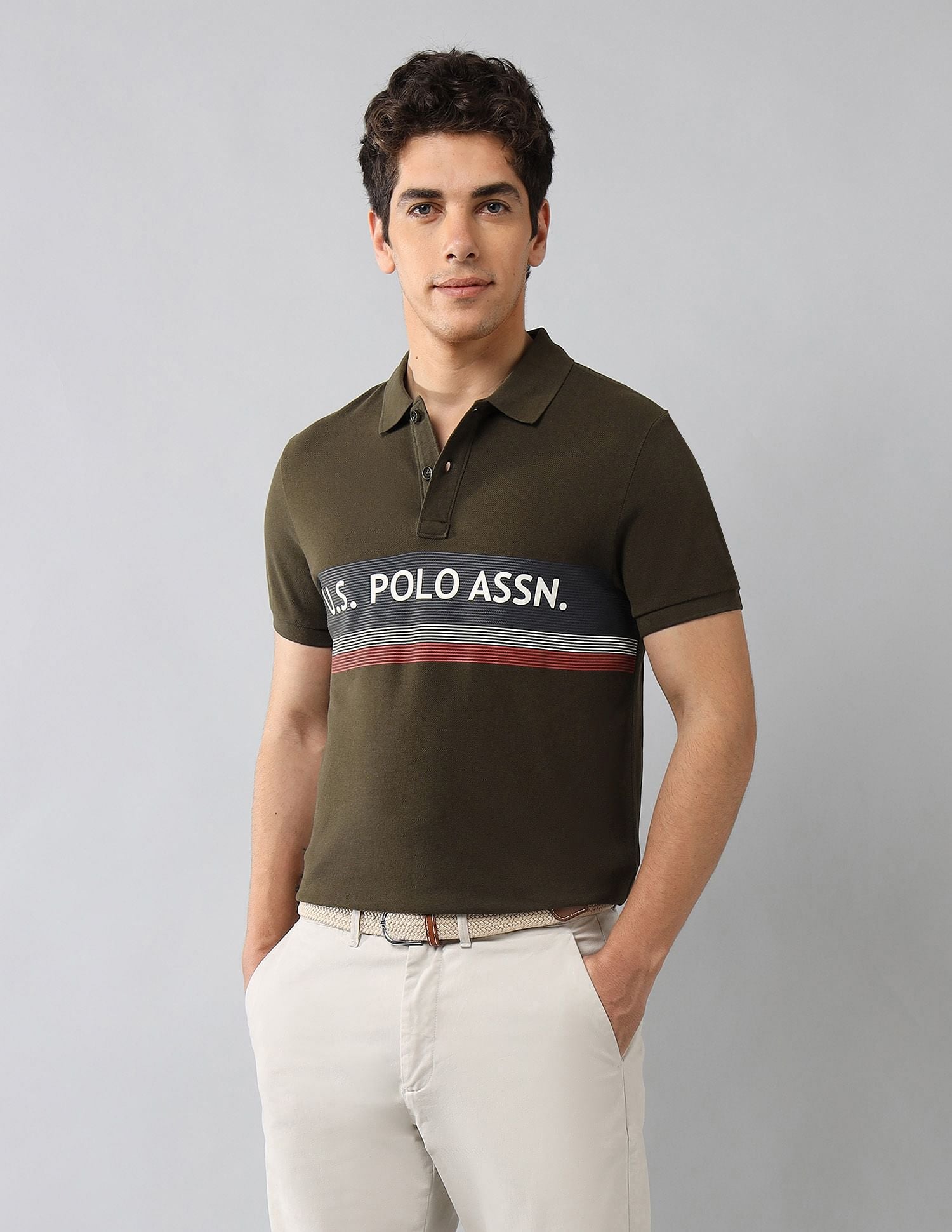 Brand Printed Muscle Fit Polo Shirt Olive - U.S. Polo Assn. India | Large
