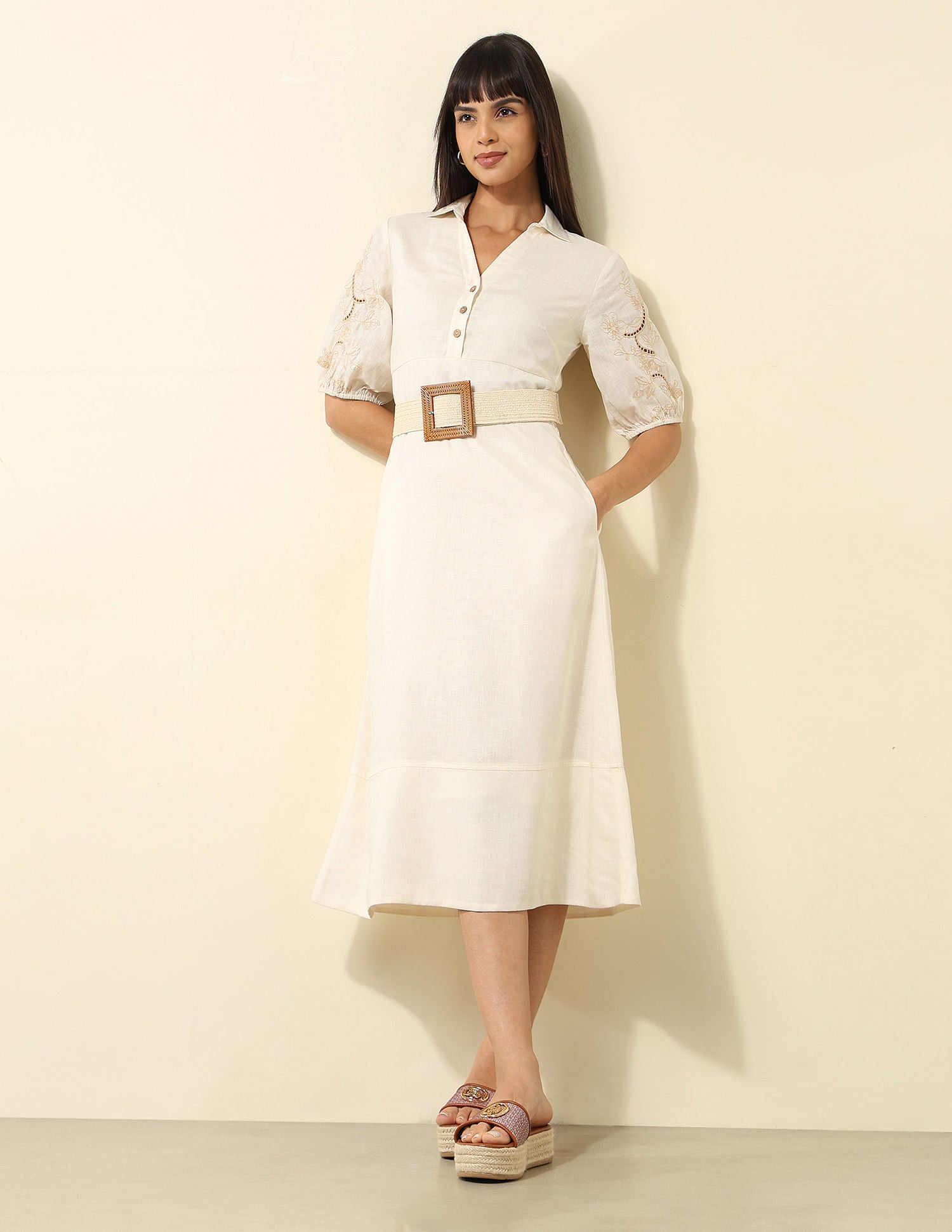 Viscose Linen A-Line Midi Dress Ecru - U.S. Polo Assn. India | Large