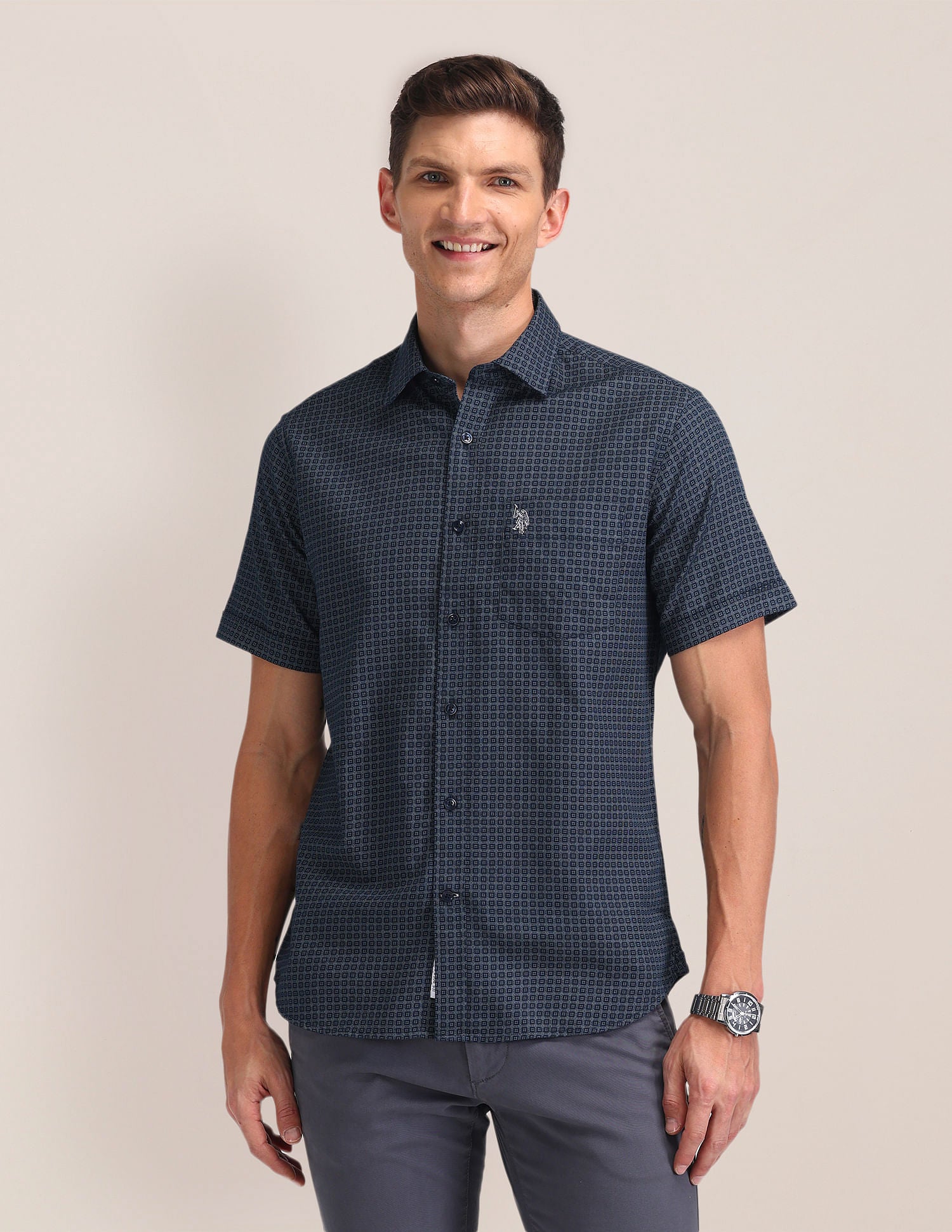 Tailored Fit Printed Shirt Blue - U.S. Polo Assn. India | Large