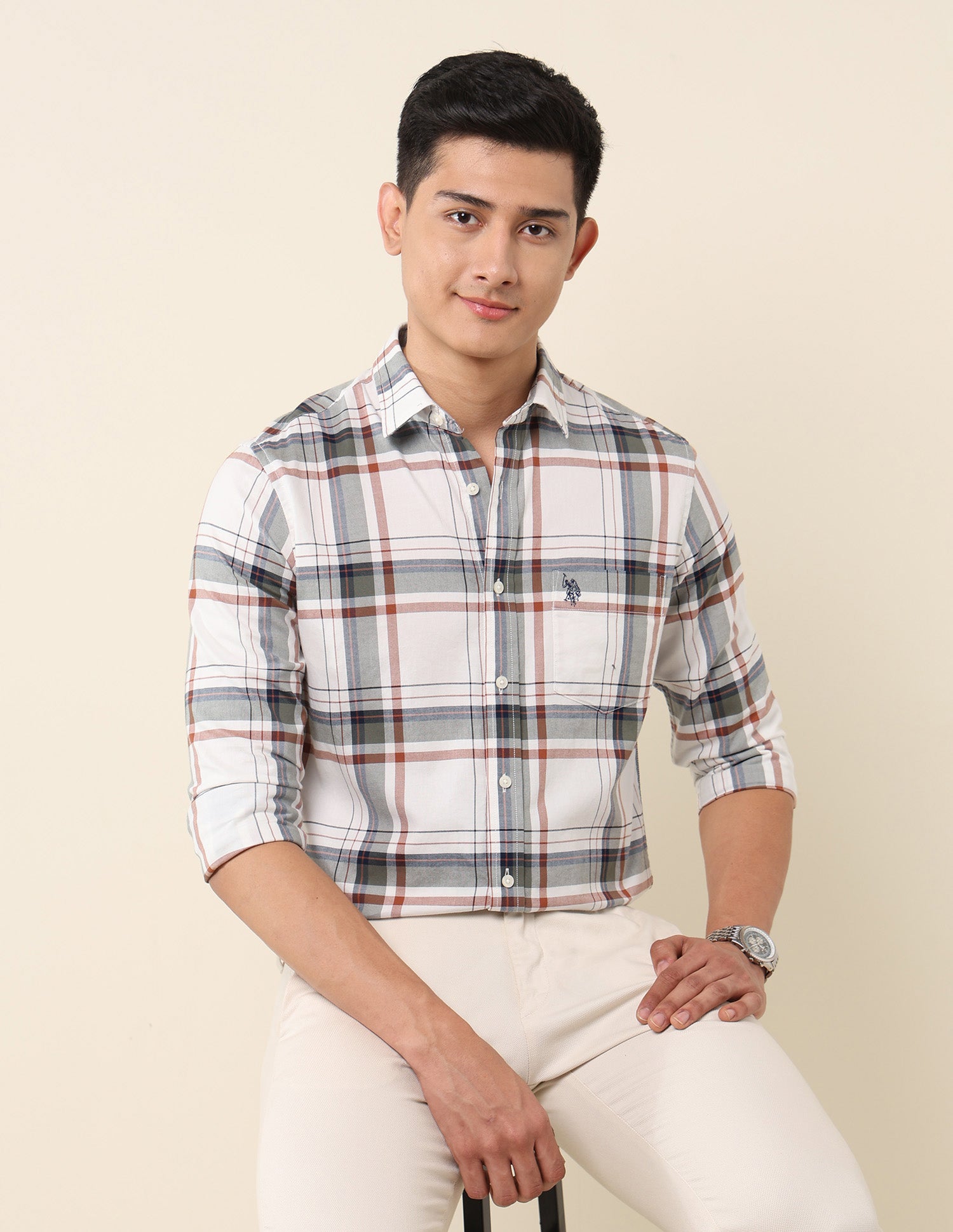 Plaid Checked Pure Cotton Shirt Off White - U.S. Polo Assn. India | Large