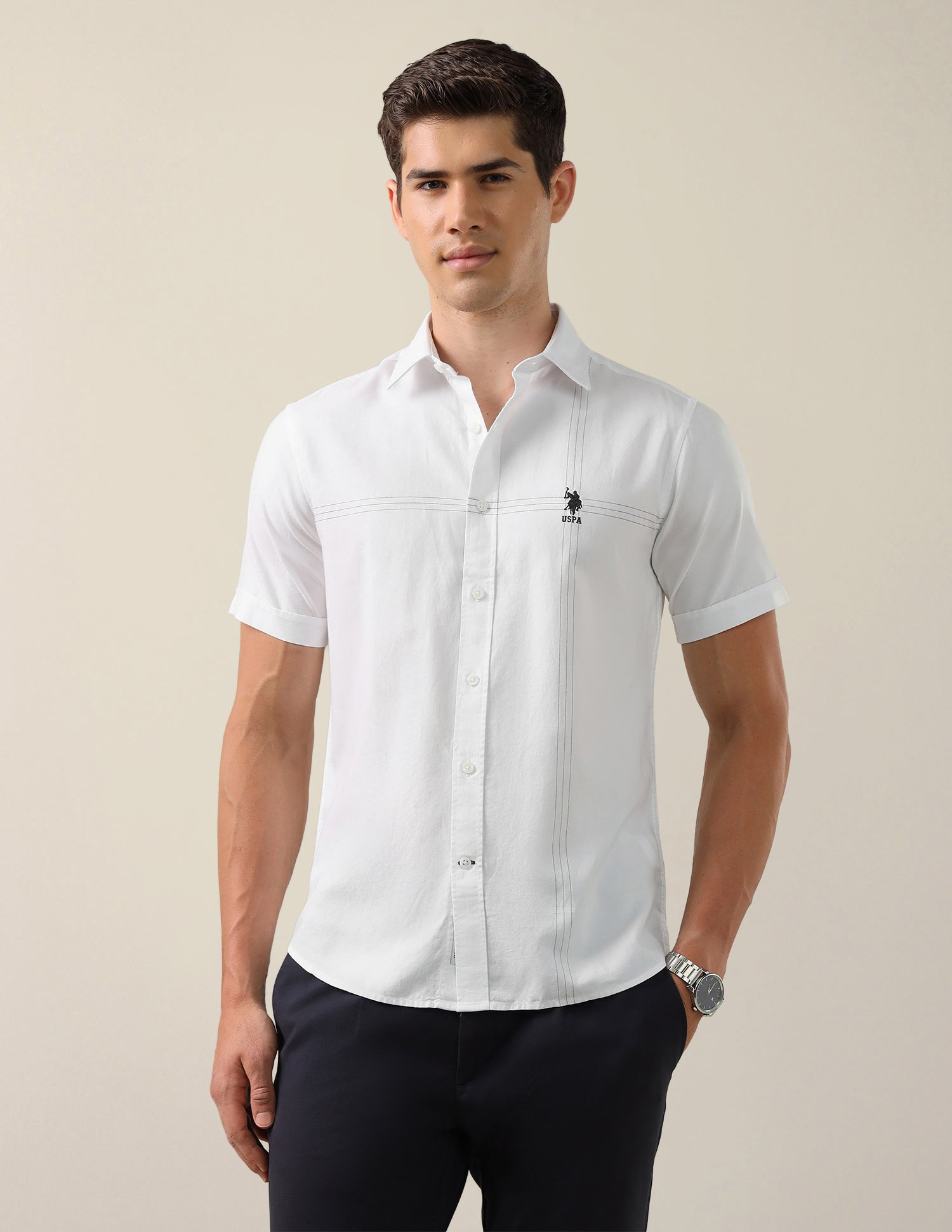 Solid With Stripe Detail Tailored Fit Shirt White - U.S. Polo Assn. India | Large
