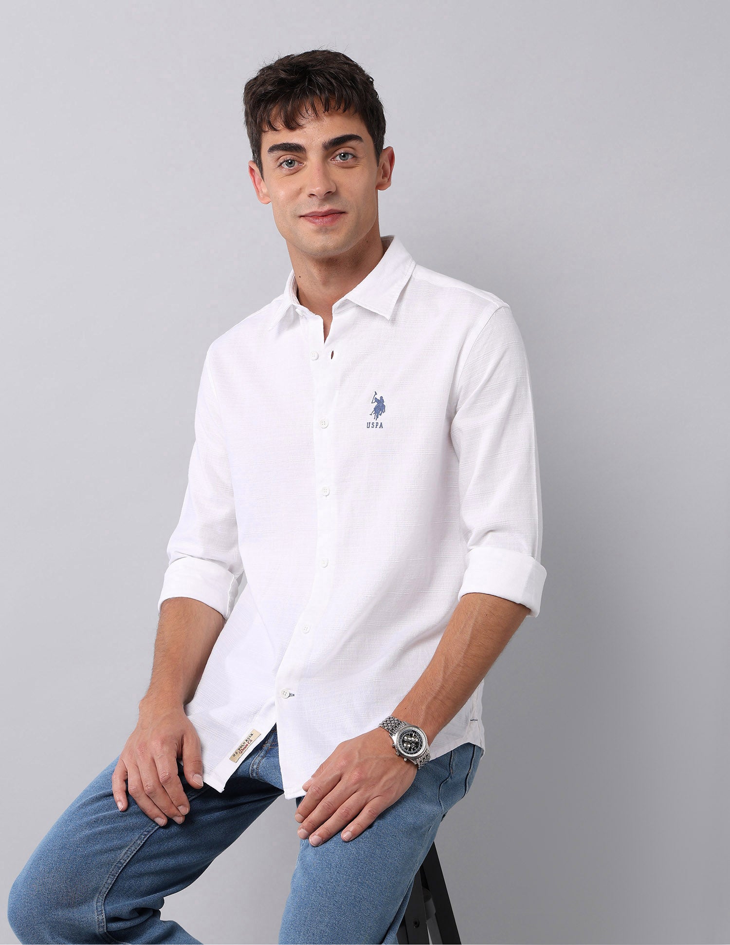 Pure Cotton Textured  Shirt White - U.S. Polo Assn. India | Large