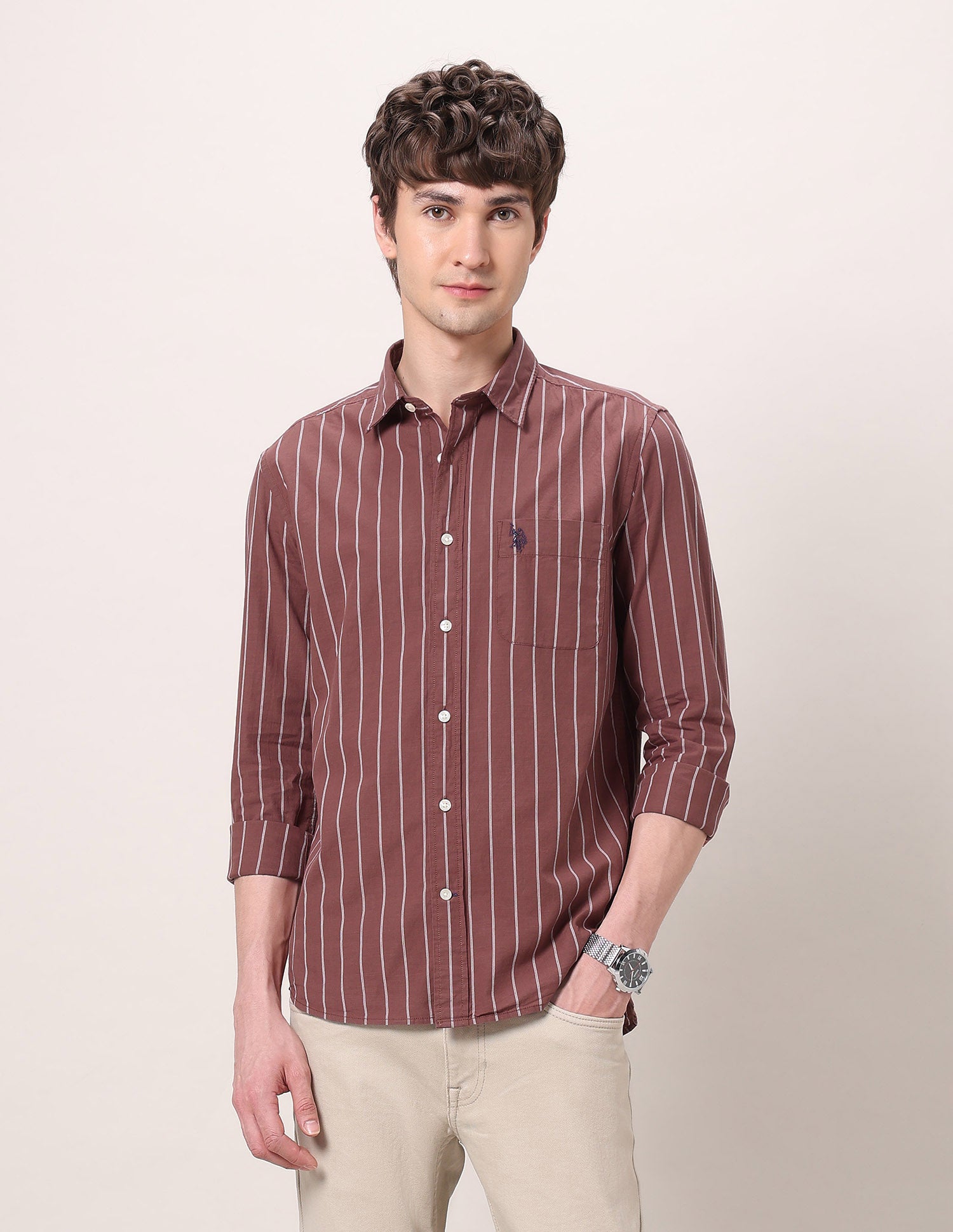 Vertical Striped Regular Fit Shirt Rust - U.S. Polo Assn. India | Large