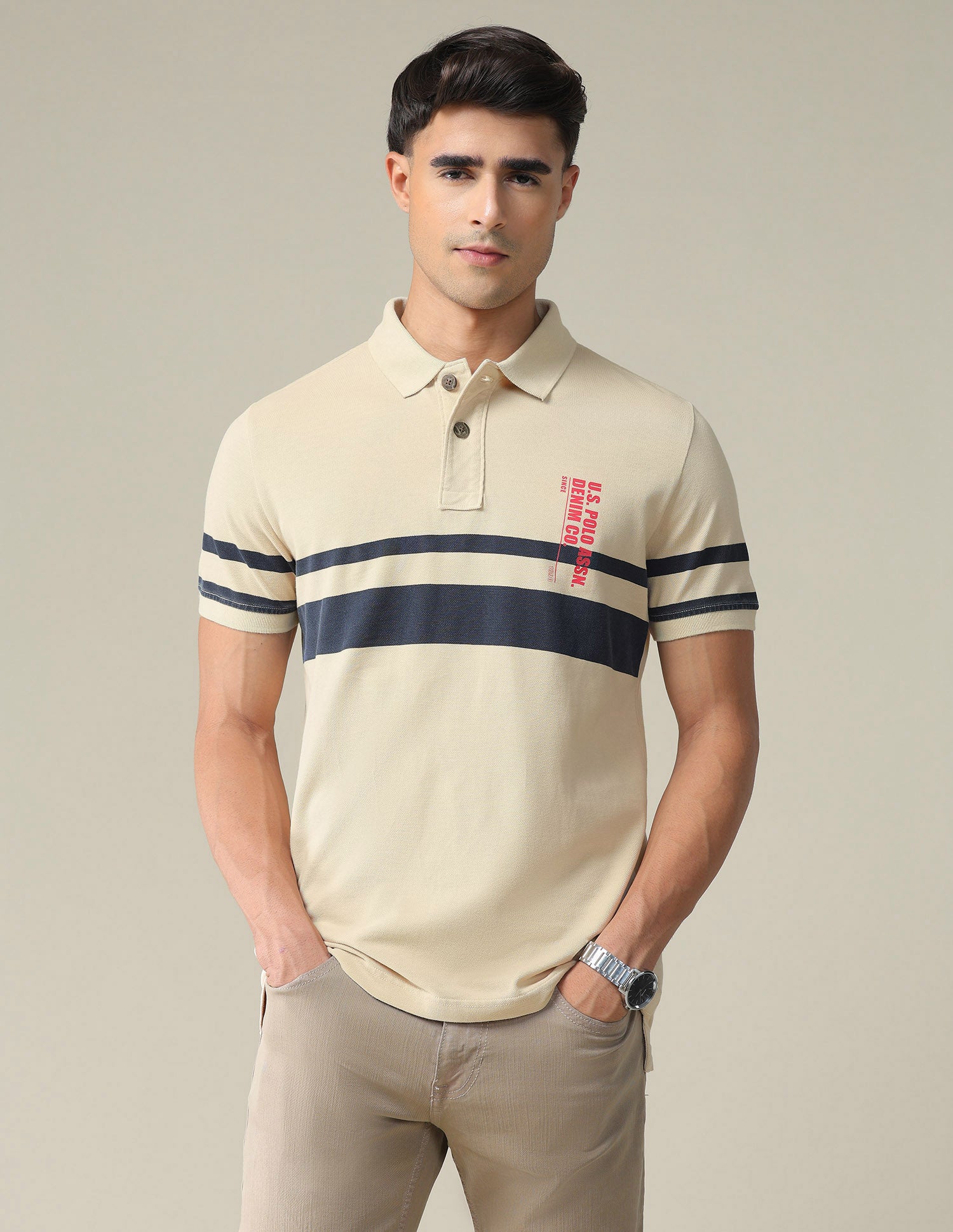 Horizontal Engineered Stripe Cotton Polo Shirt