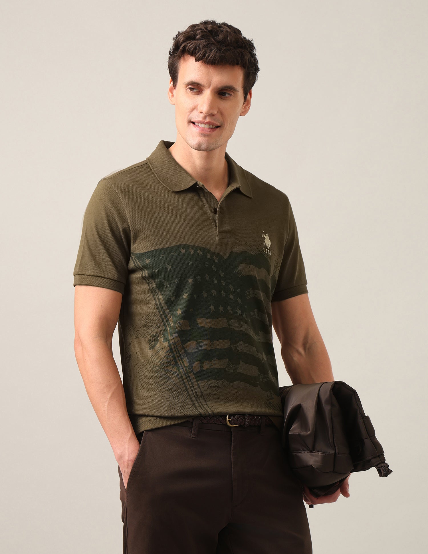 Graphic Printed Slim Fit Polo Shirt Olive - U.S. Polo Assn. India | Large