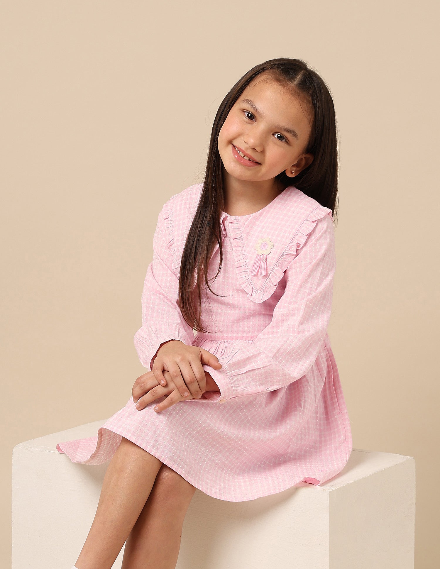 Girls Self Design Checked Shirt Dress