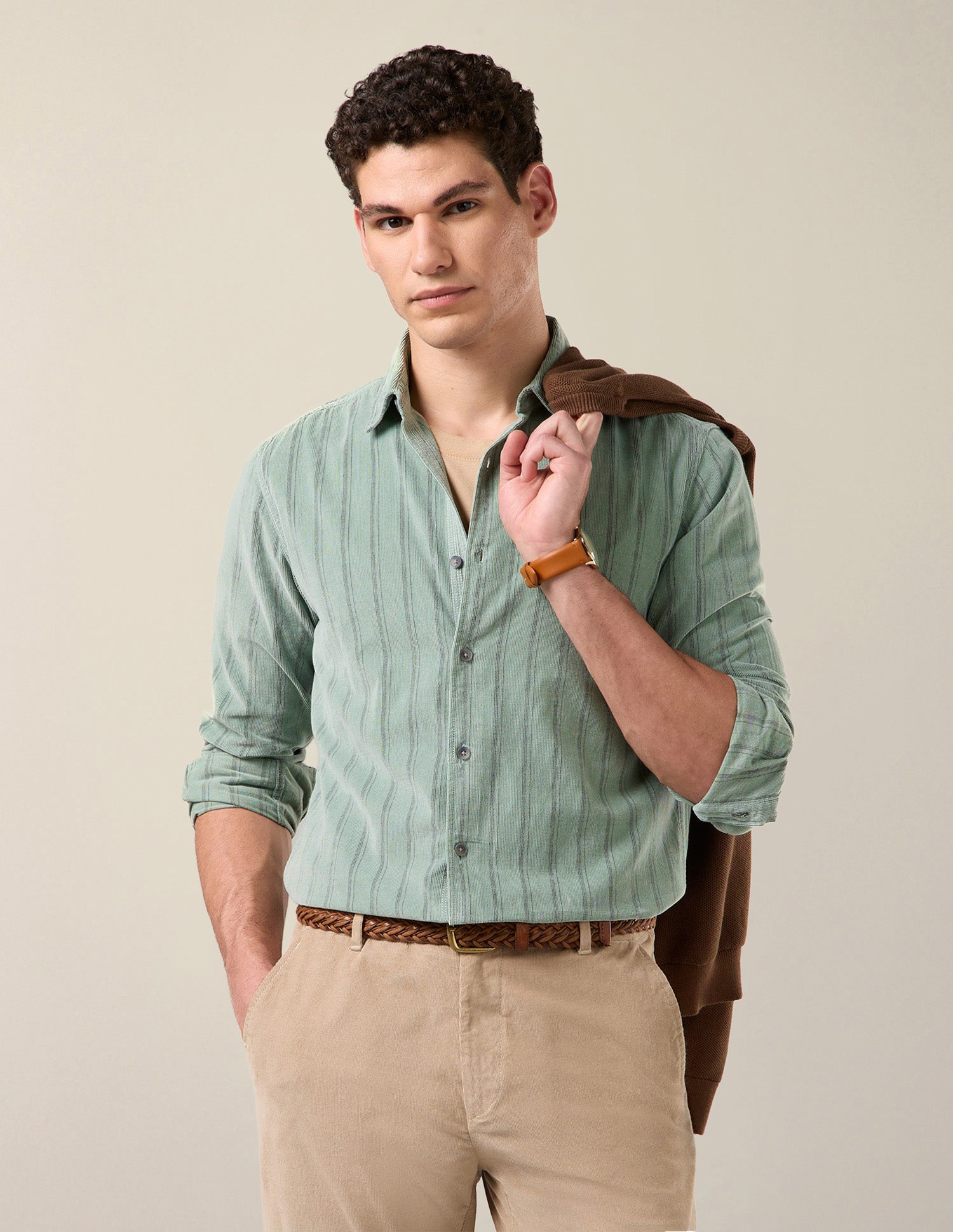 Vertical Striped Corduroy Shirt Light Green - U.S. Polo Assn. India | Large
