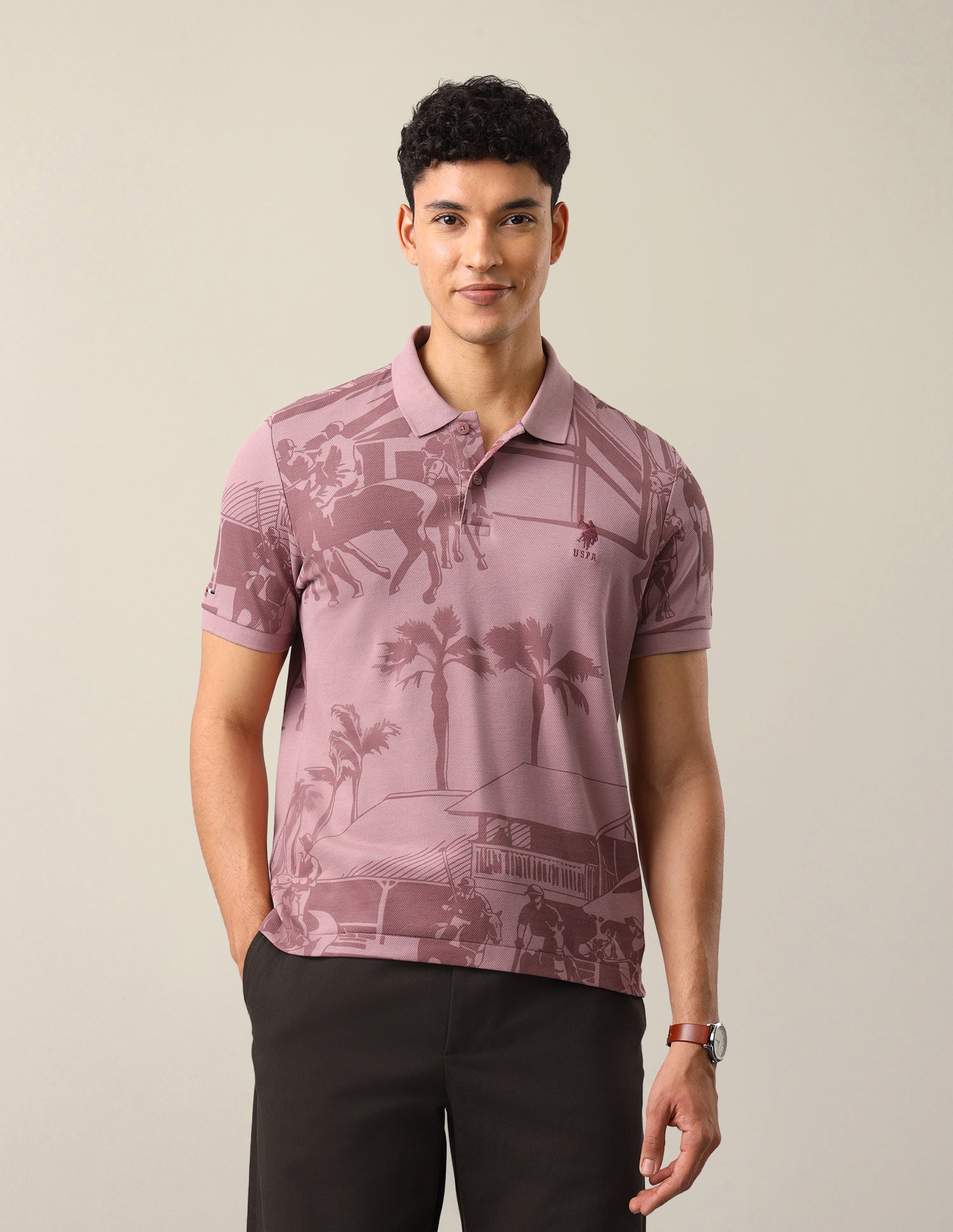 Graphic Brand Printed Slim Fit Polo Shirt Peach - U.S. Polo Assn. India | Large