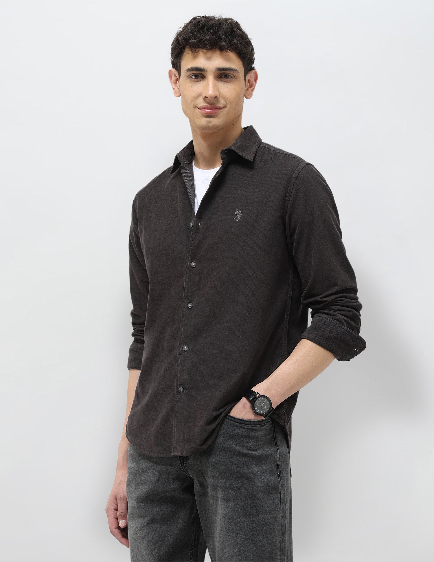 Pure Cotton Corduroy Shirt Dark Grey - U.S. Polo Assn. India | Large