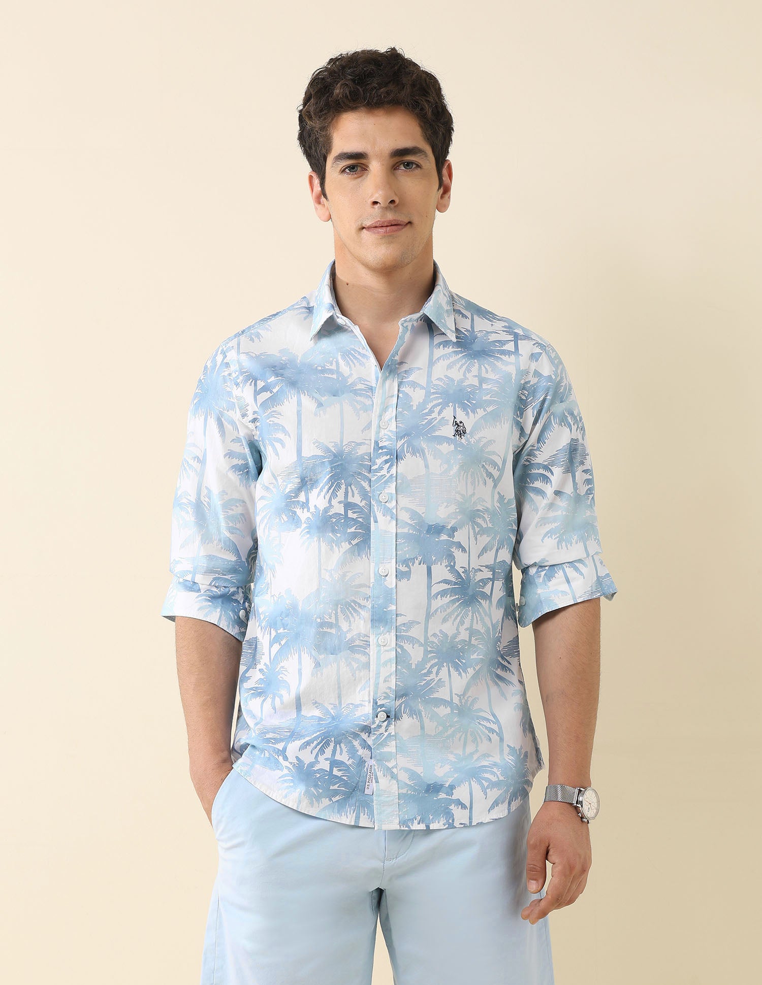 Tropical Printed Poplin Shirt Light Blue - U.S. Polo Assn. India | Large