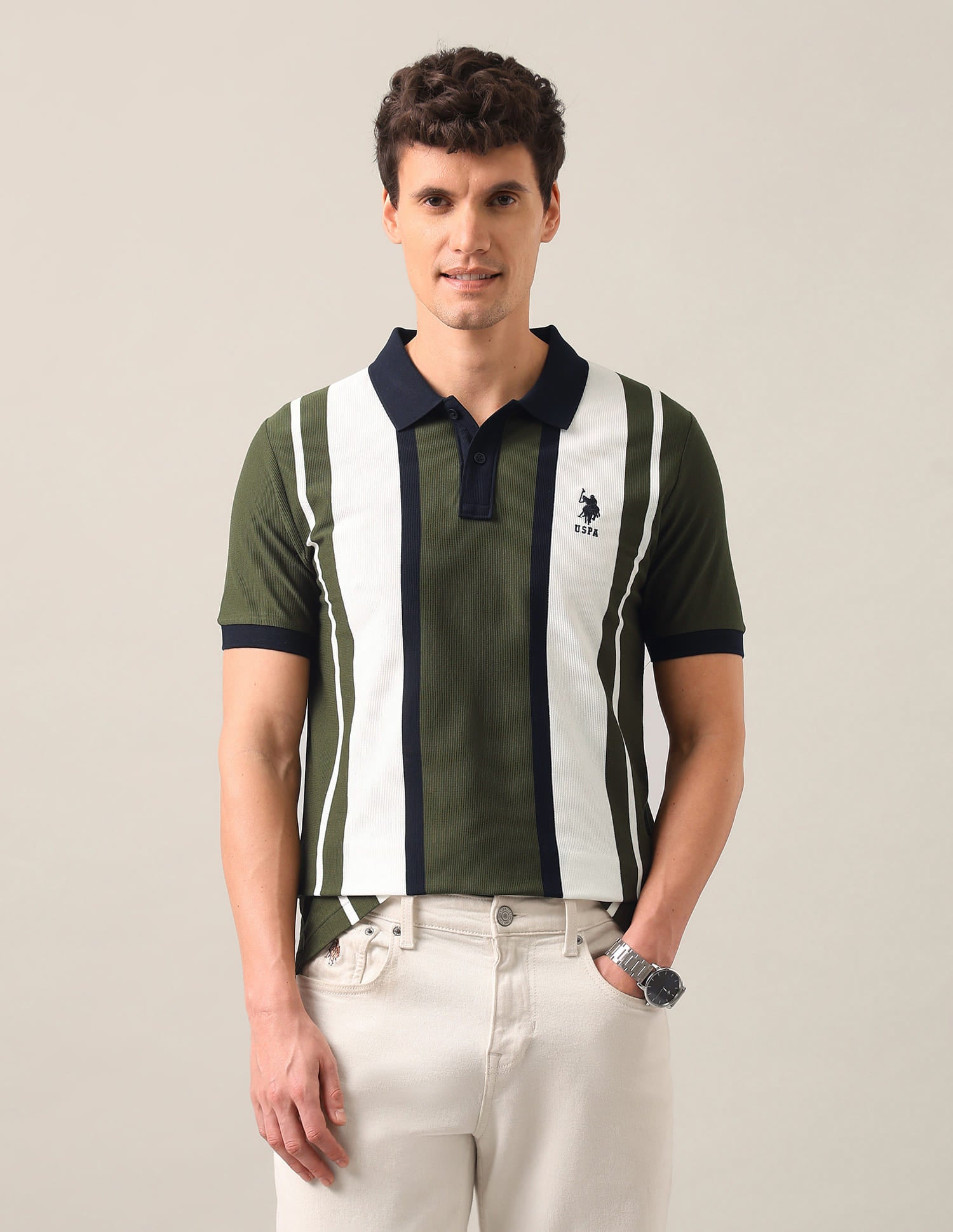Vertical Striped Slim Fit Polo Shirt Green - U.S. Polo Assn. India | Large