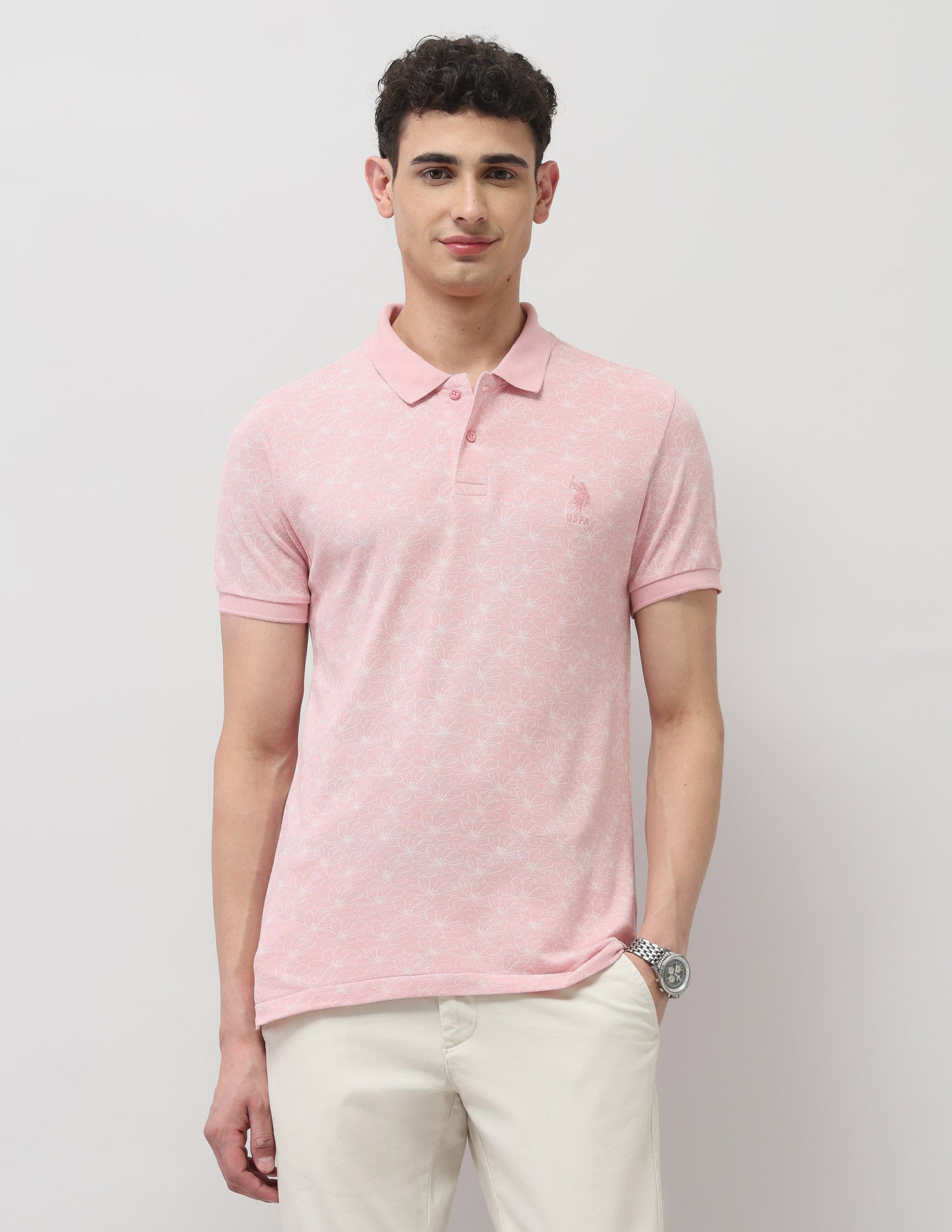 Slim Fit Floral Printed Polo Shirt Light Pink - U.S. Polo Assn. India | Large