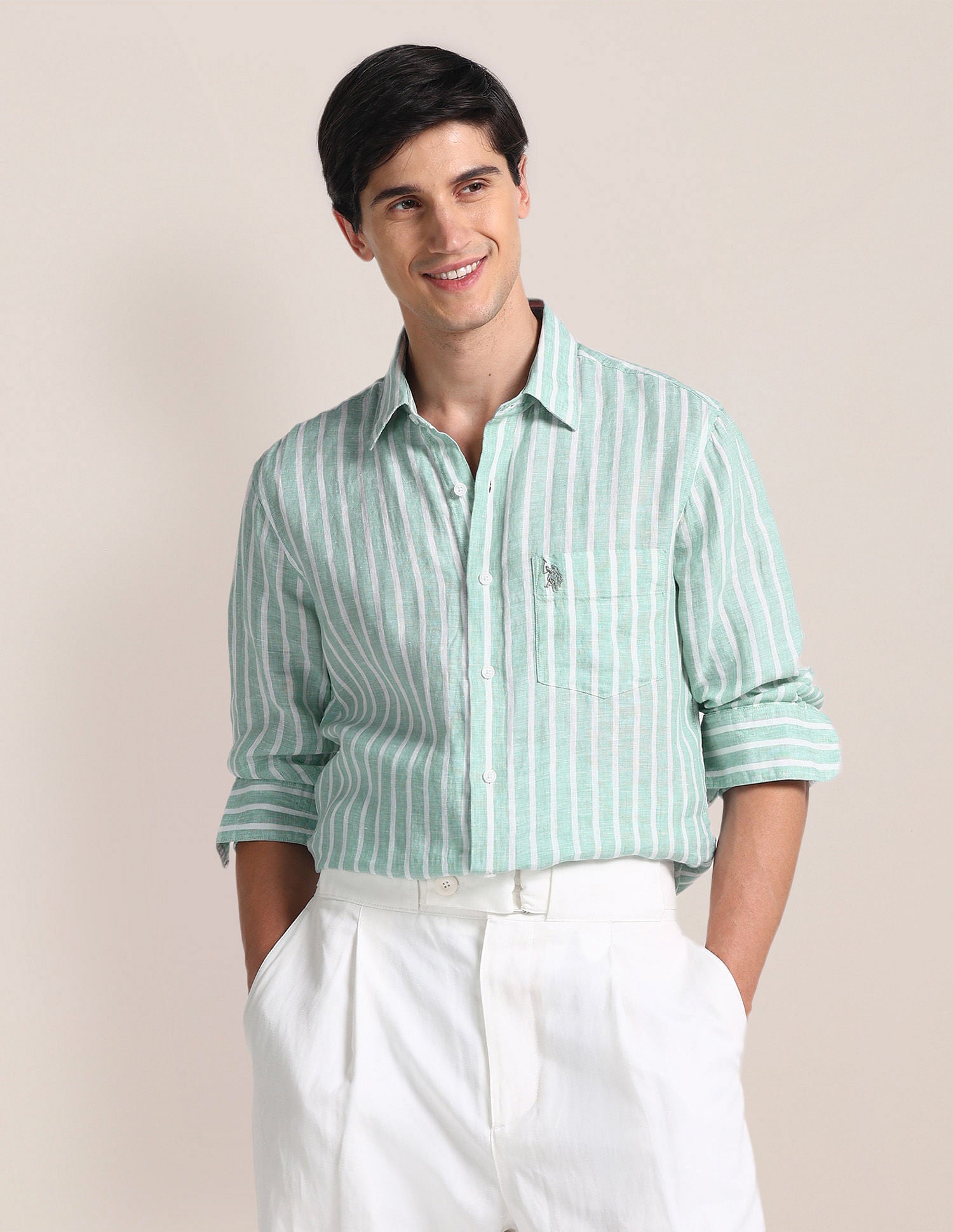 Vertical Stripe Linen Shirt Green - U.S. Polo Assn. India | Large