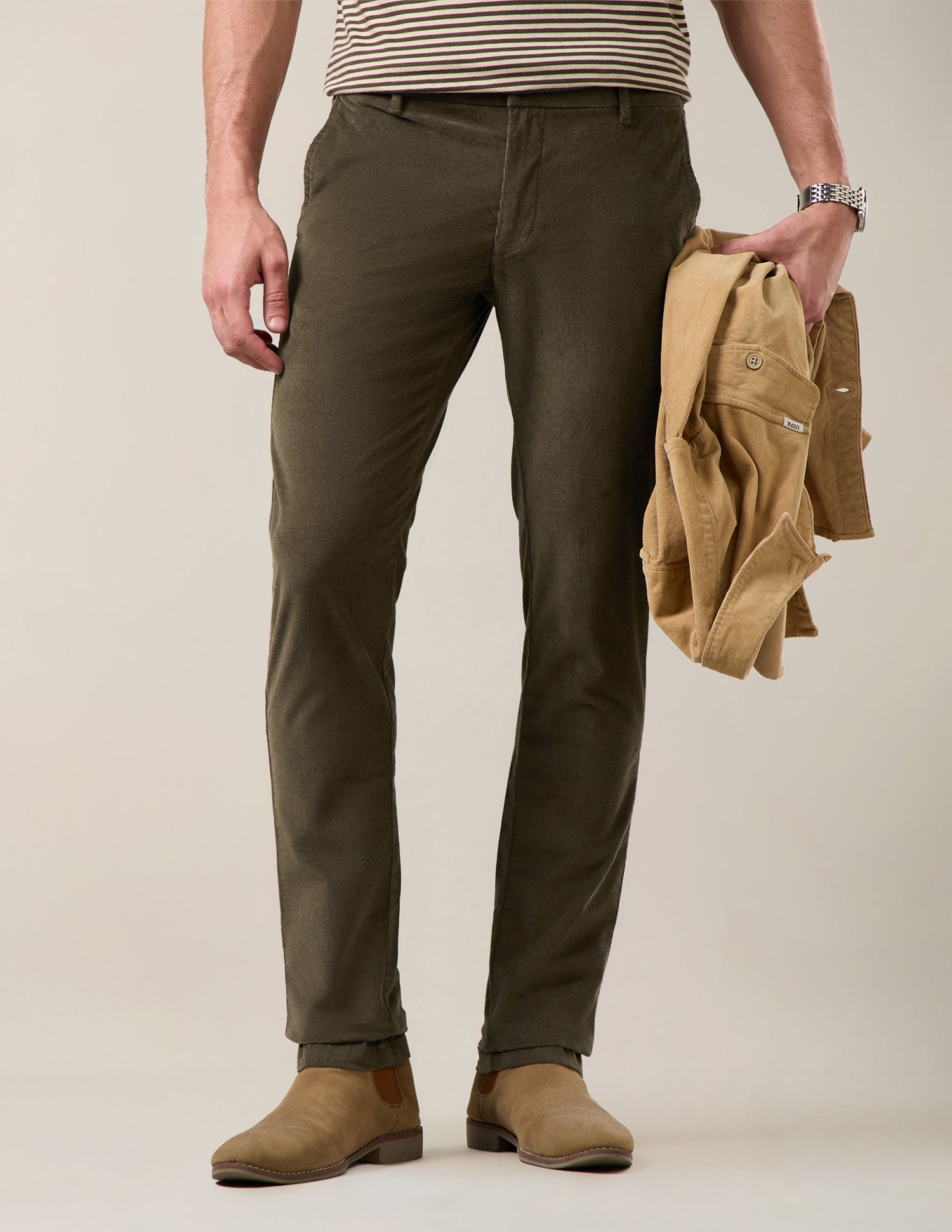 Denver Slim Fit Corduroy Trousers Light Olive - U.S. Polo Assn. India | Large