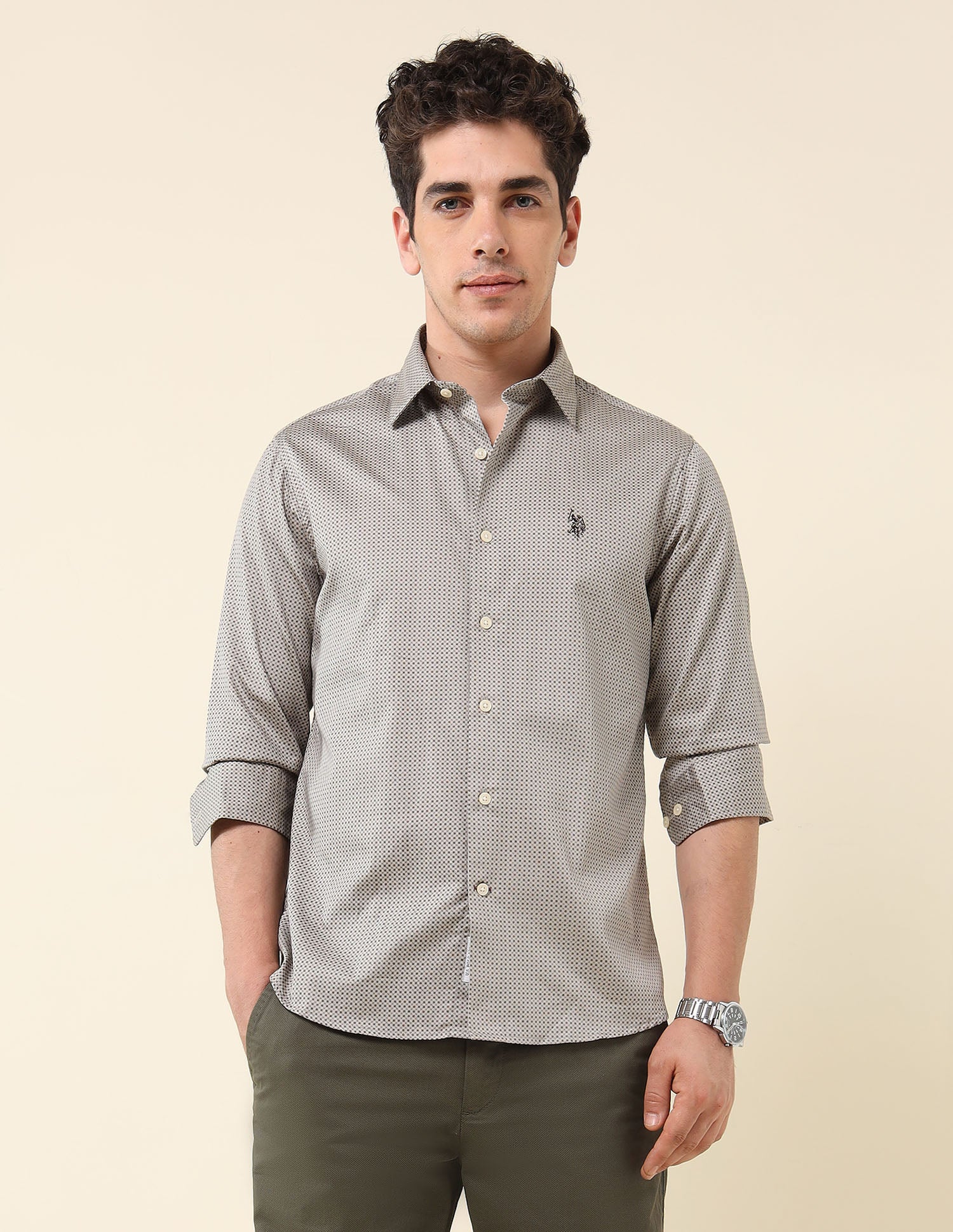 Tailored Fit Pure Cotton Shirt Khaki - U.S. Polo Assn. India | Large