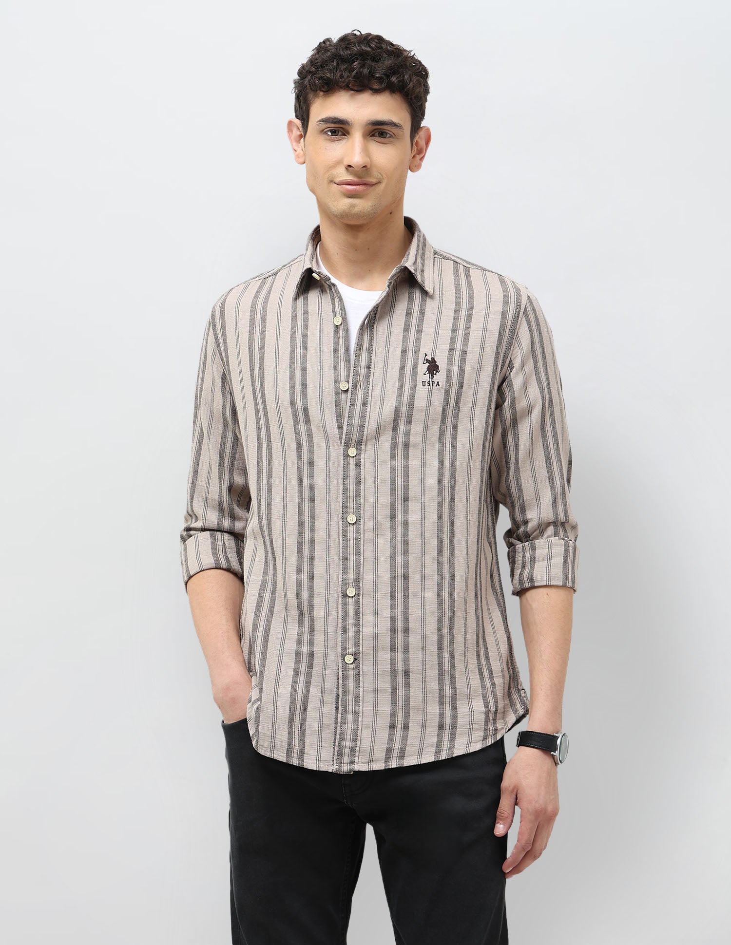 Vertical Striped Regular Fit Shirt Medium Grey - U.S. Polo Assn. India | Large