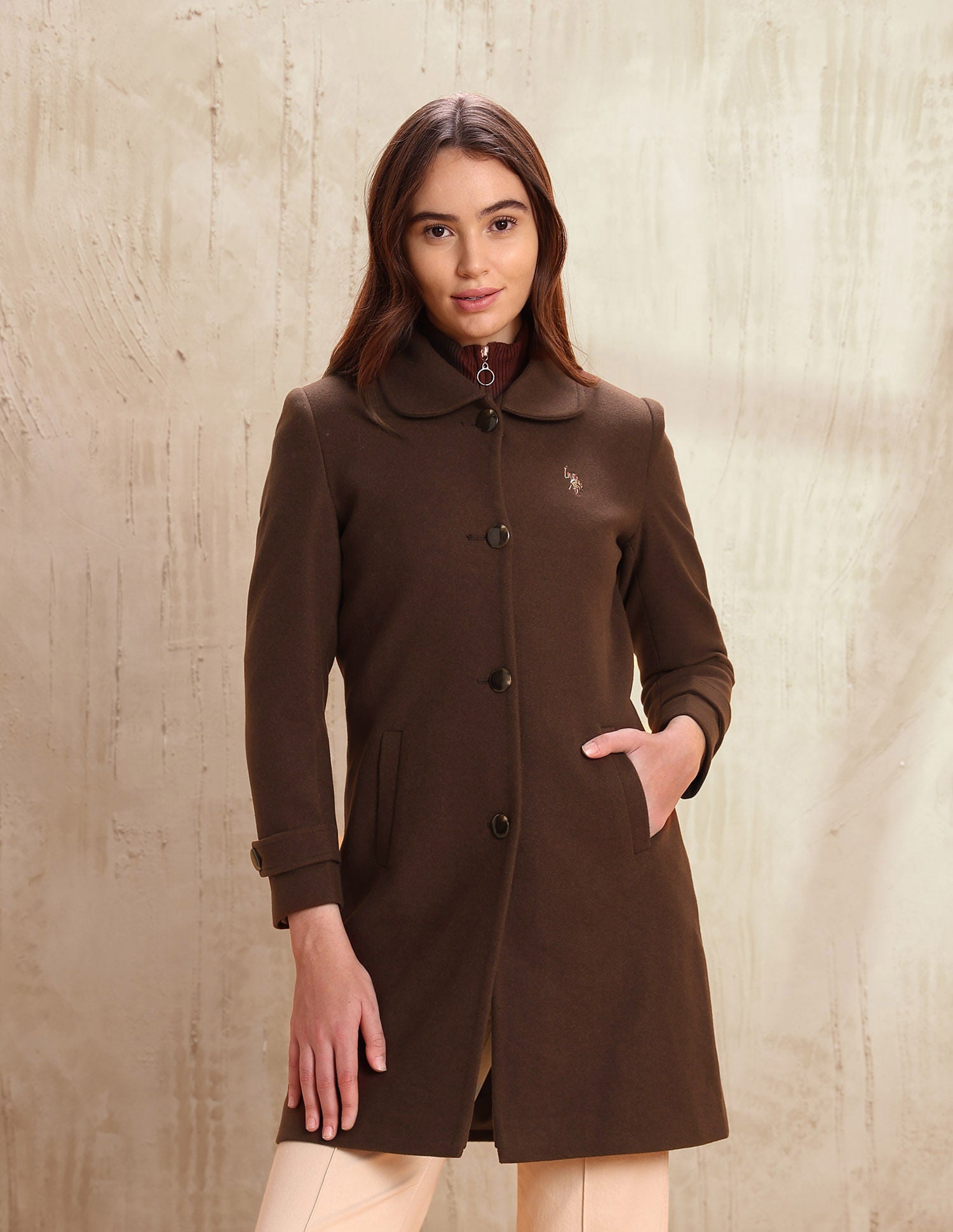 Solid Regular Fit Spread collar Overcoat Brown - U.S. POLO ASSN. | Large