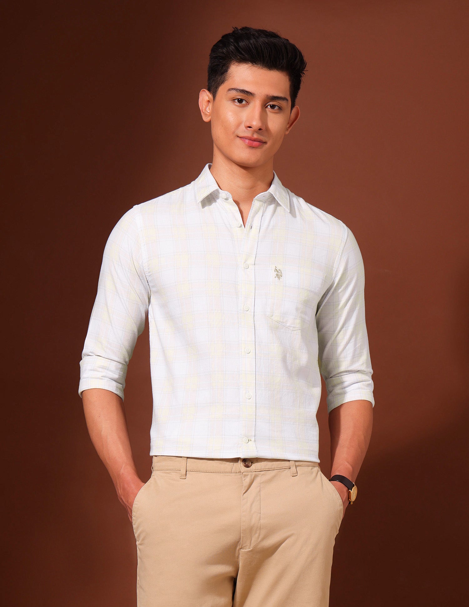 Grid Tattersall Checked Pure Cotton Shirt Beige - U.S. Polo Assn. India | Large