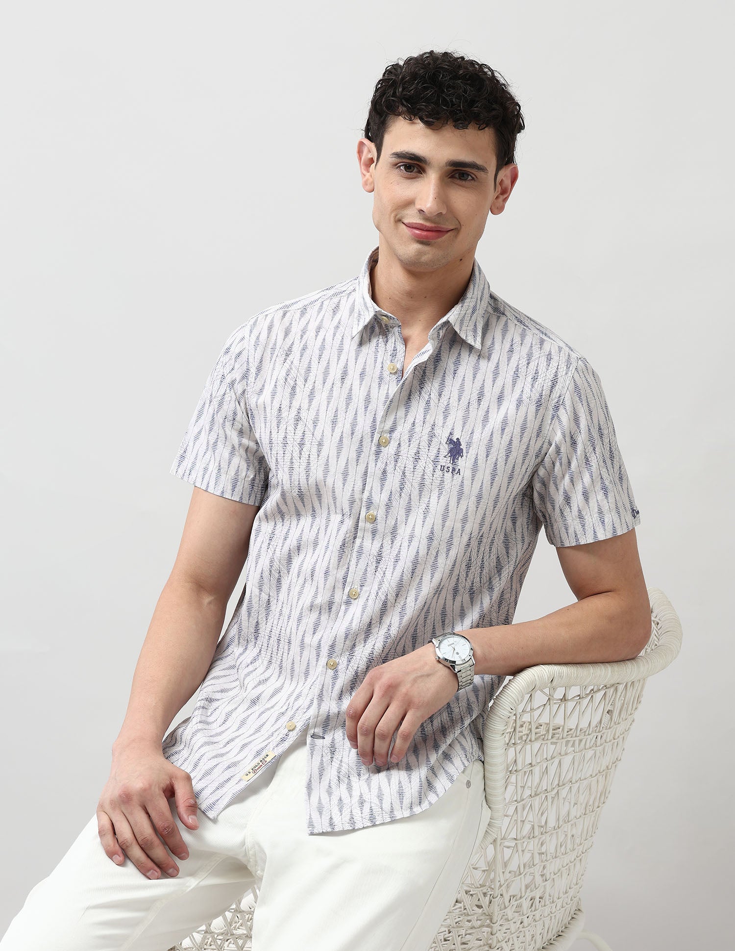 Pure Cotton All Over Printed Shirt Ivory - U.S. POLO ASSN. | Large