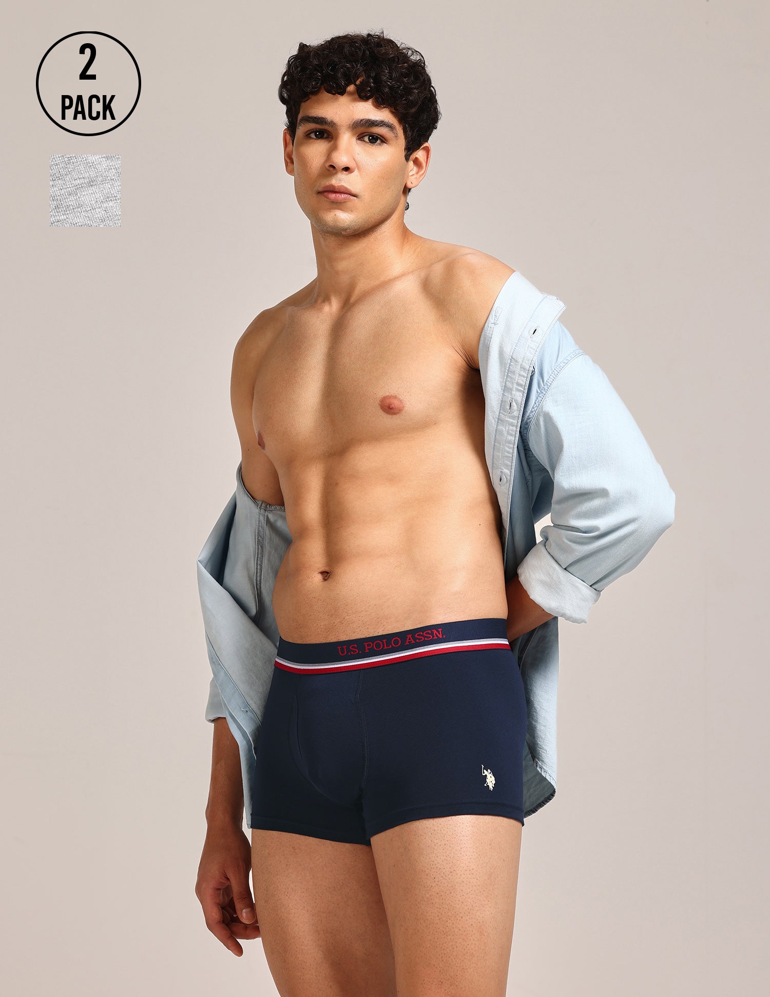 Men's Cotton Trunk - Pack Of 2 Navy, Grey Melange - U.S. Polo Assn. India | Large
