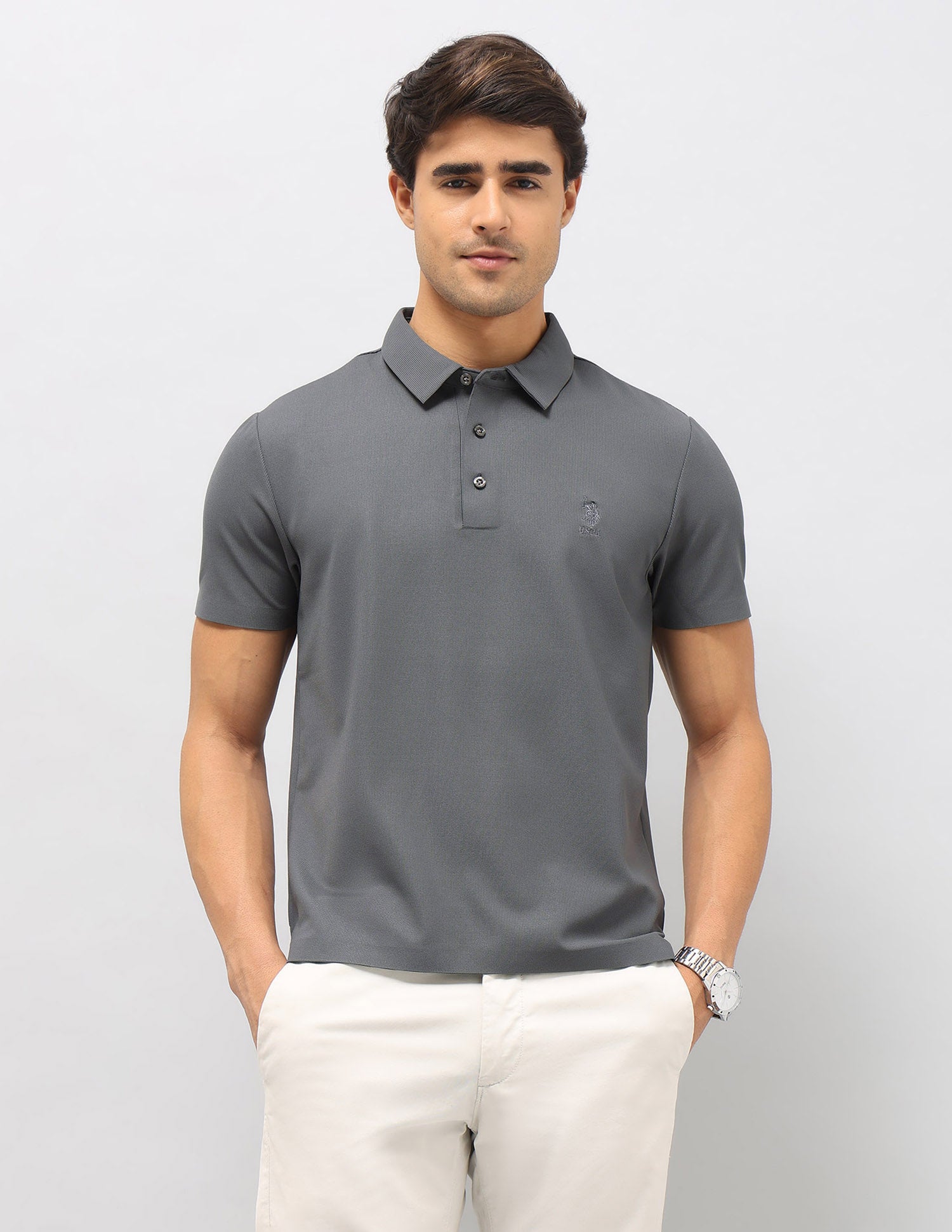 Slim Fit Textured Polo Shirt Grey - U.S. Polo Assn. India | Large