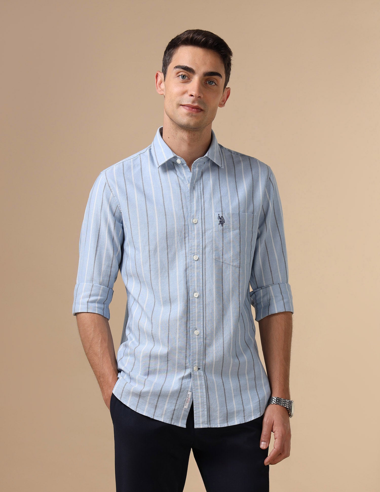 Pure Cotton Tailored Fit Shirt Blue - U.S. Polo Assn. India | Large