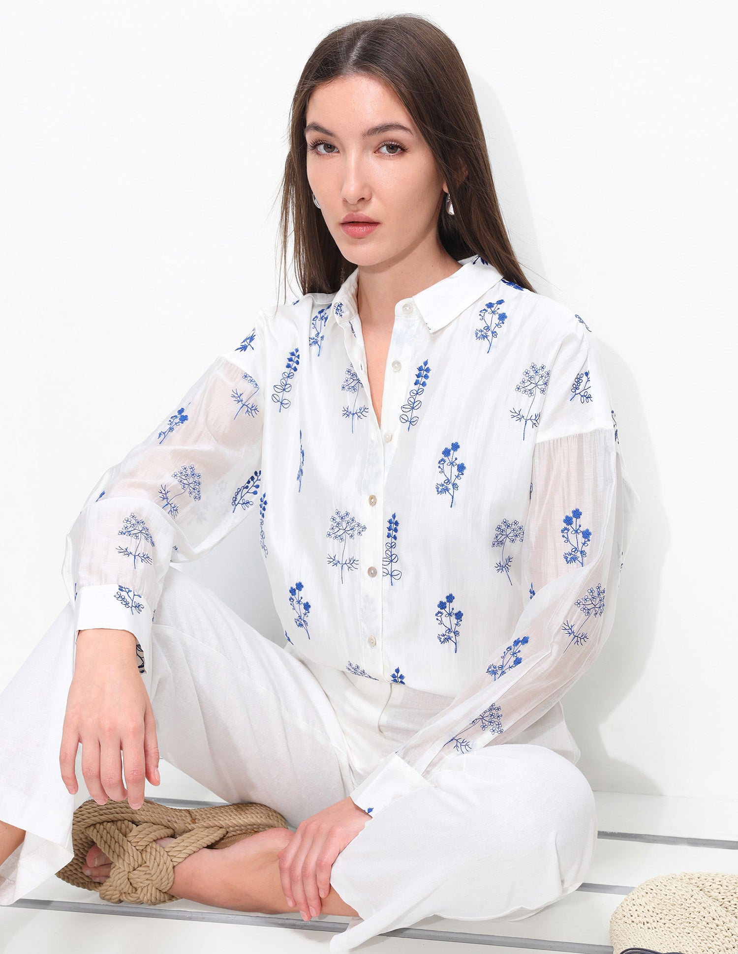 Floral Embroidered Oversized Fit Shirt Off White - U.S. Polo Assn. India | Large