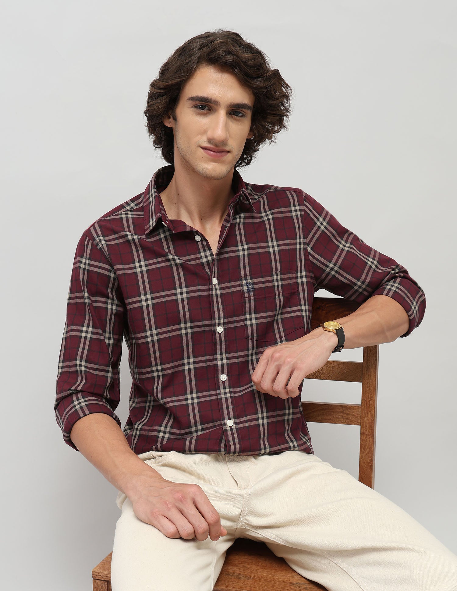 Grid Tattersall Checked Tailored Fit Shirt Burgundy - U.S. POLO ASSN. | Large