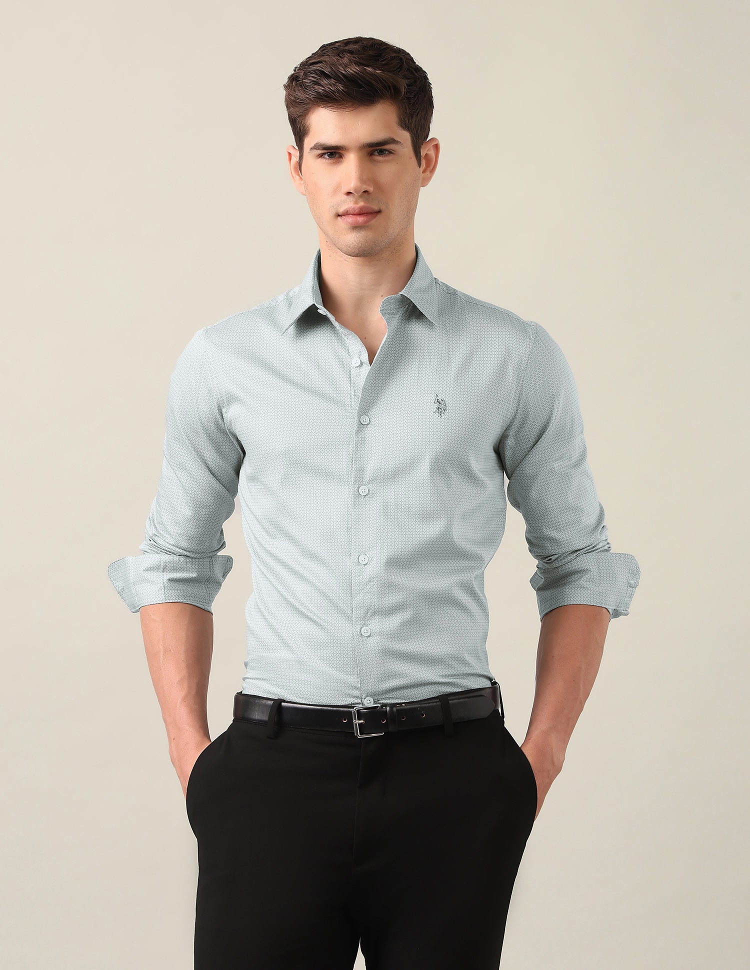 Geometric Printed Satin Shirt Light Grey - U.S. Polo Assn. India | Large