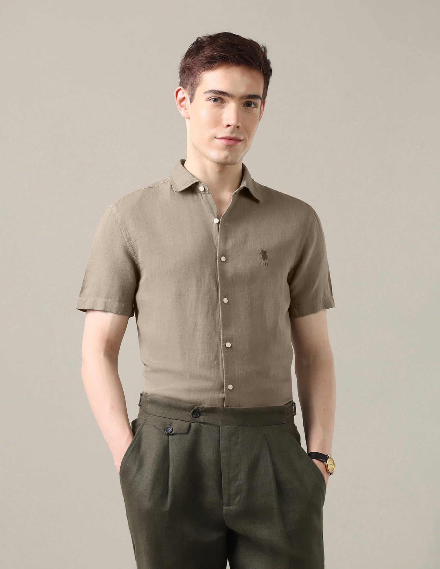 Solid Regular Fit Shirt Brown - U.S. Polo Assn. India | Large