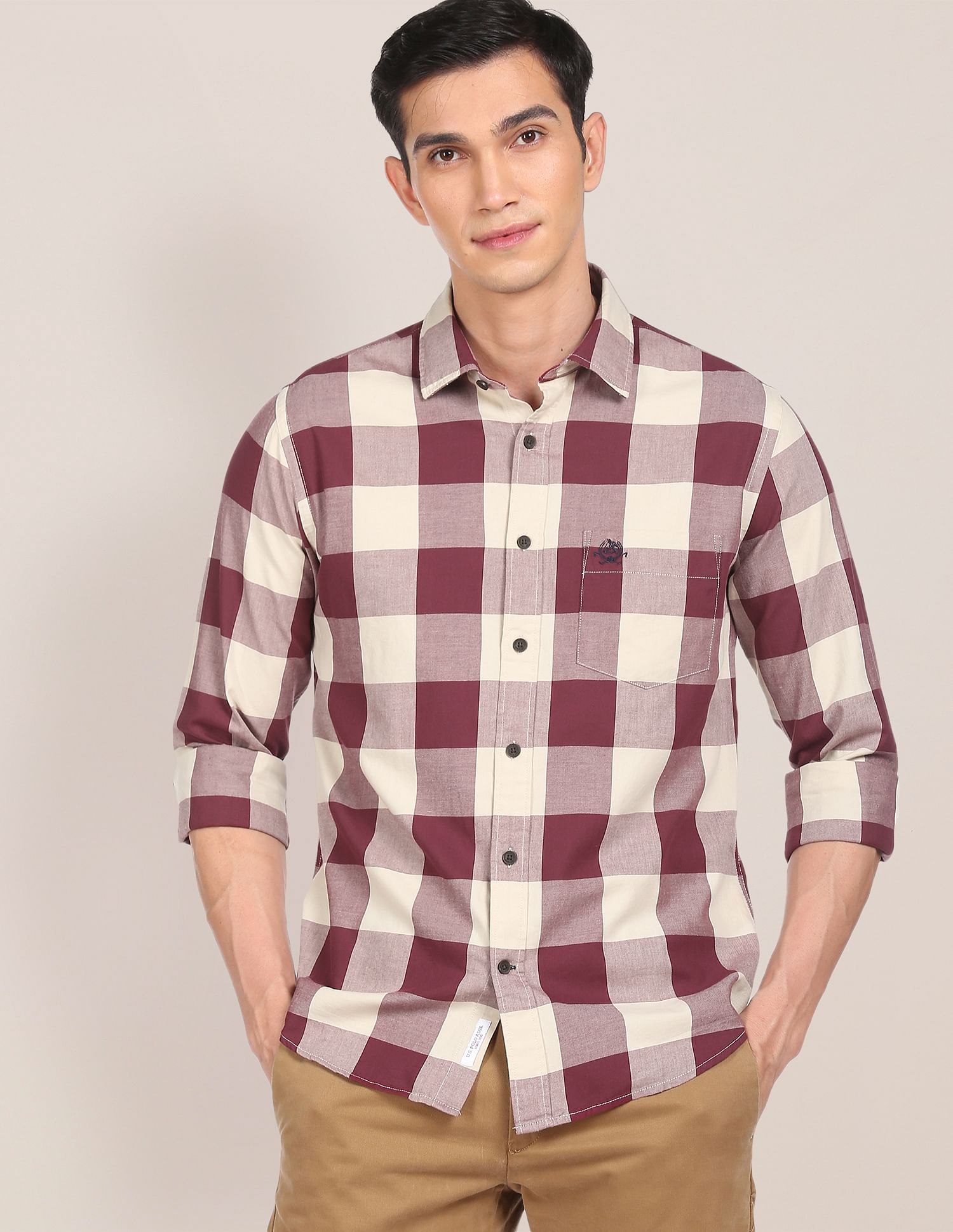 Men Maroon And Beige Spread Collar Check Casual Shirt Maroon and Beige - U.S. POLO ASSN. | Large
