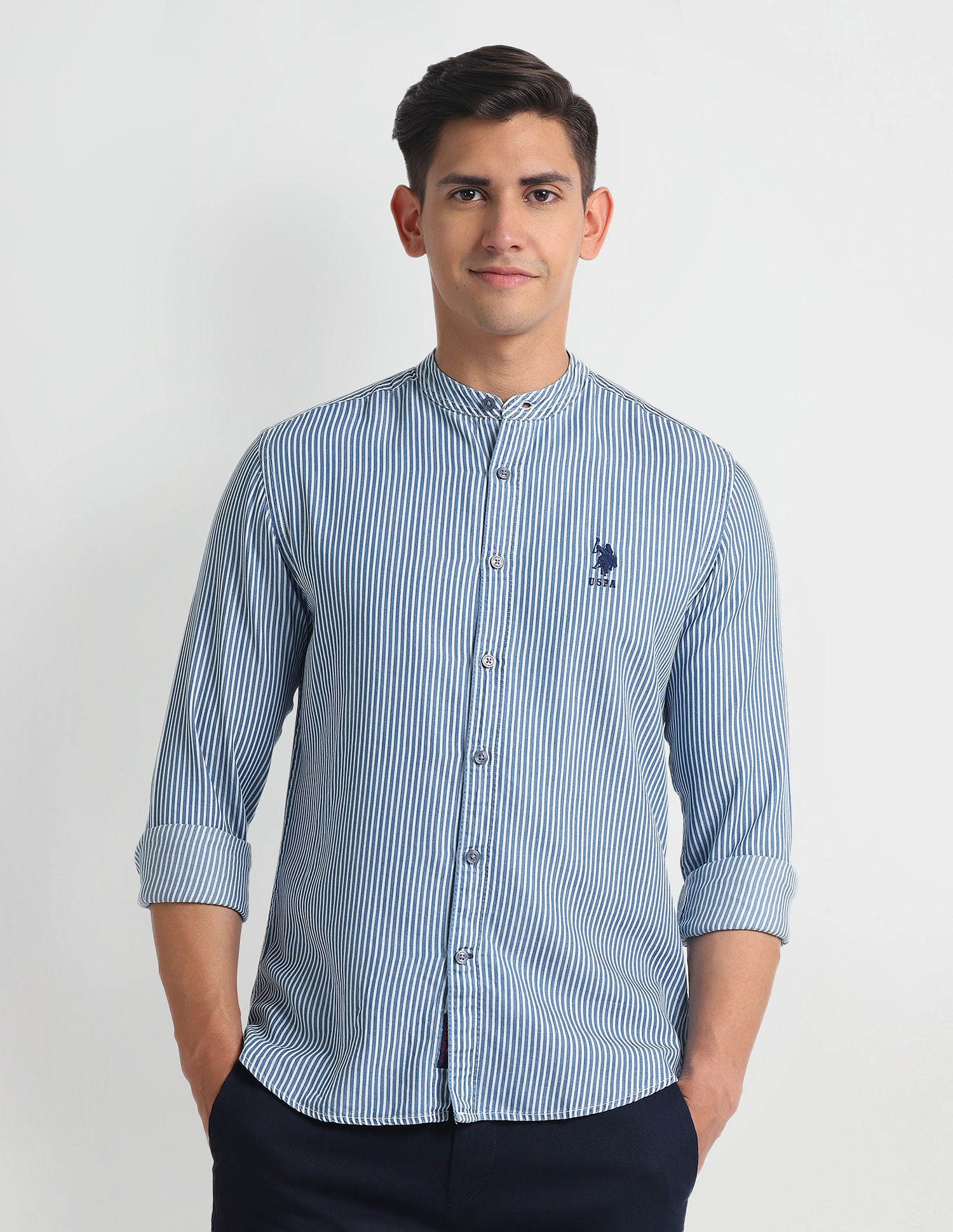 Mandarin Collar Twill Shirt Blue - U.S. Polo Assn. India | Large
