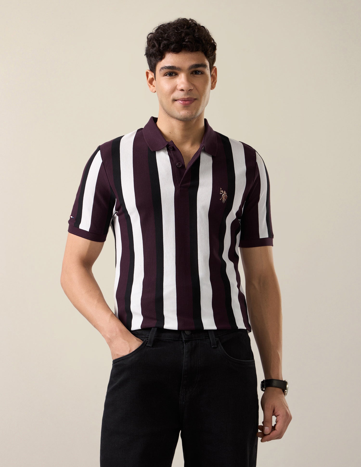 Vertical Striped Slim Fit Polo Shirt Wine - U.S. Polo Assn. India | Large
